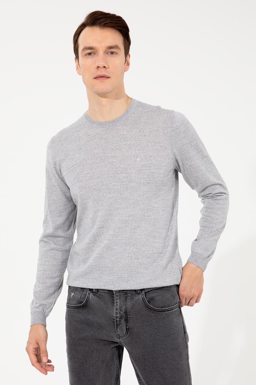 Açık Gri Slim Fit Bisiklet Yaka Basic Triko Kazak - 50257398208