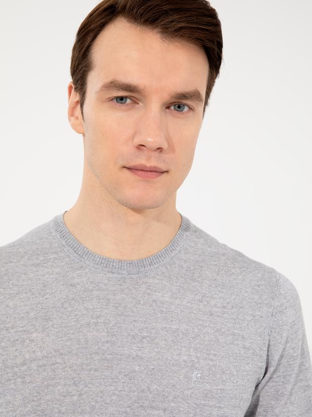 Açık Gri Slim Fit Bisiklet Yaka Basic Triko Kazak