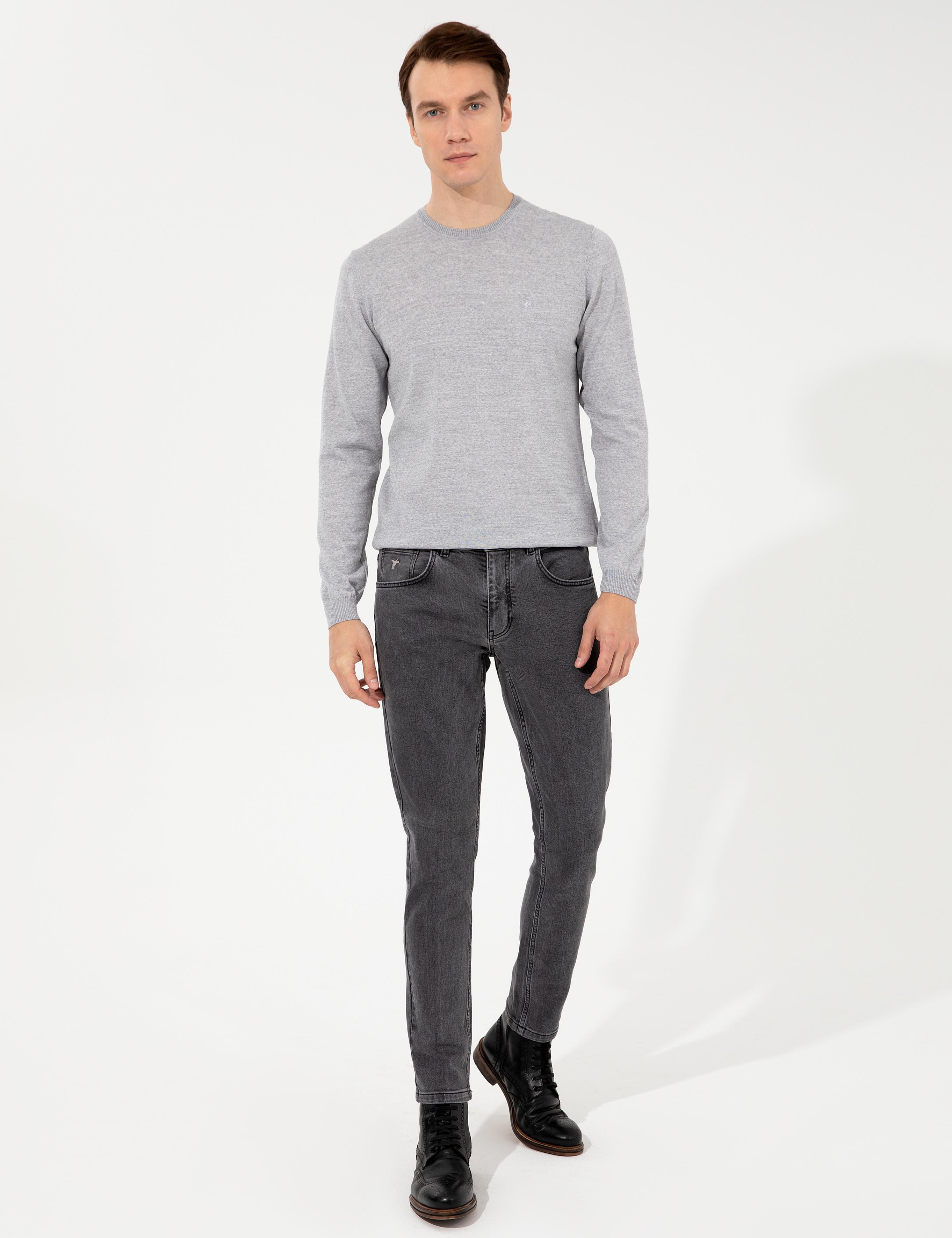 Açık Gri Slim Fit Bisiklet Yaka Basic Triko Kazak - 50257398208