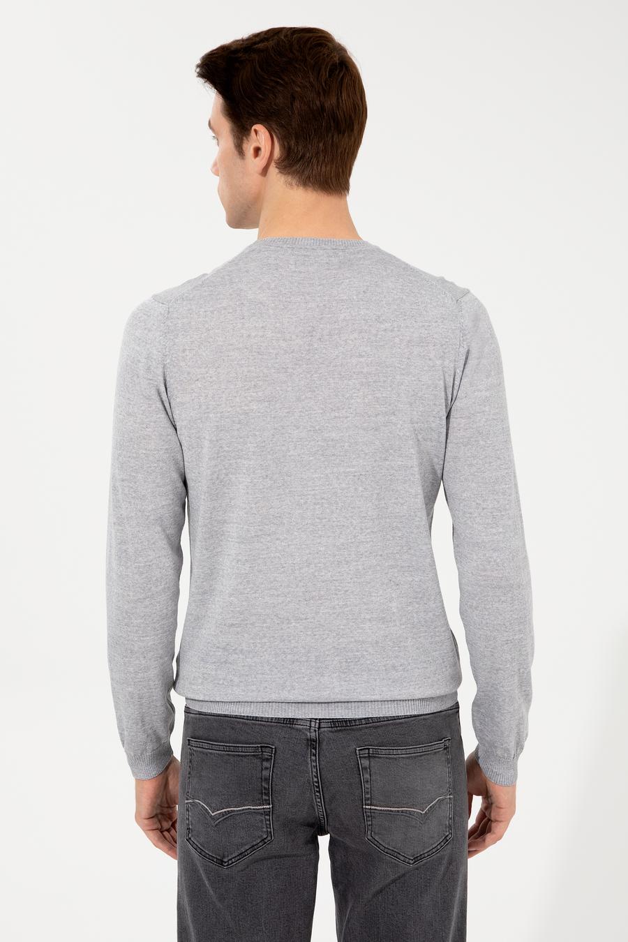 Açık Gri Slim Fit Bisiklet Yaka Basic Triko Kazak - 50257398208