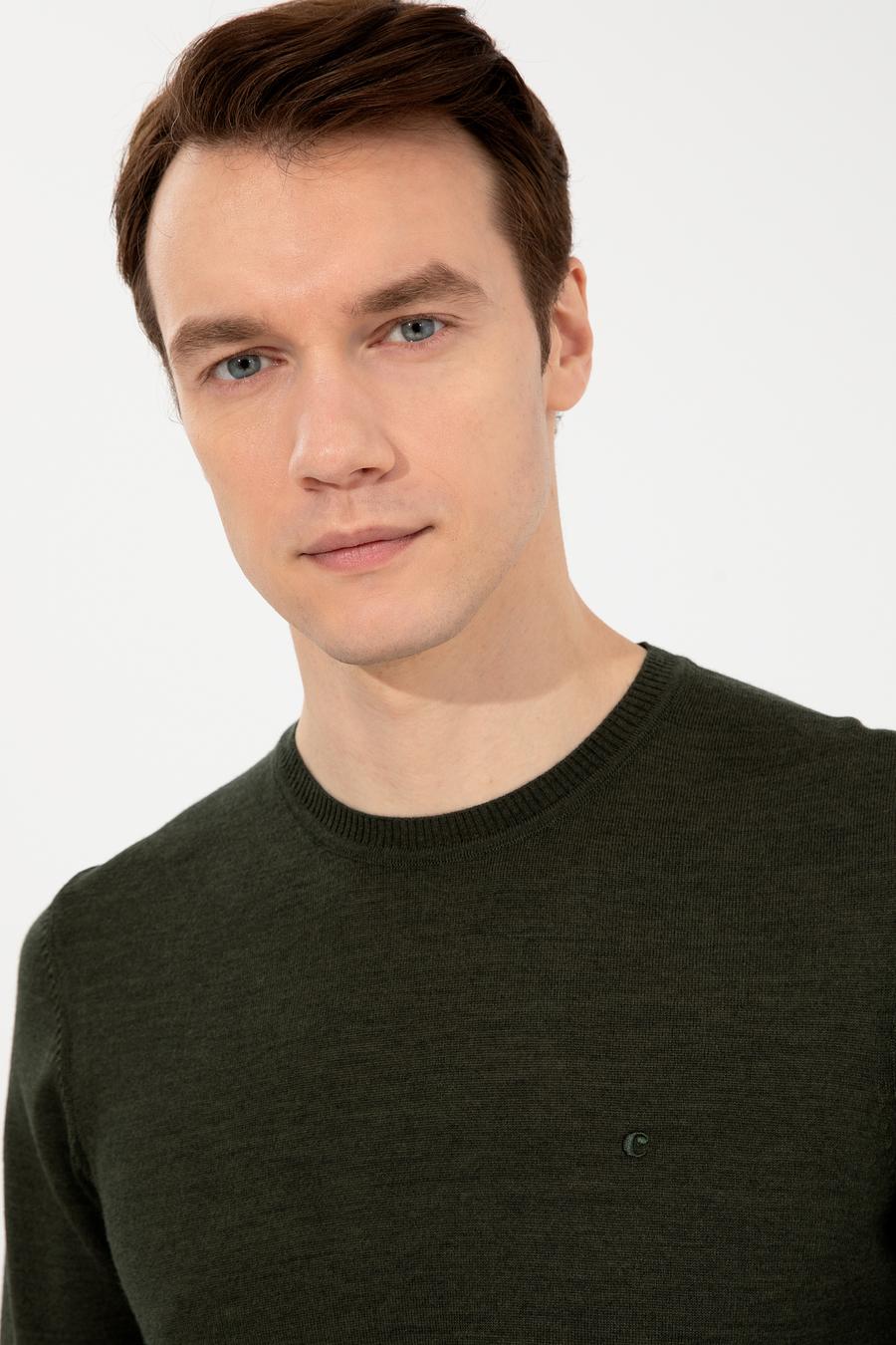 Haki Slim Fit Bisiklet Yaka Basic Triko Kazak - 50257398064