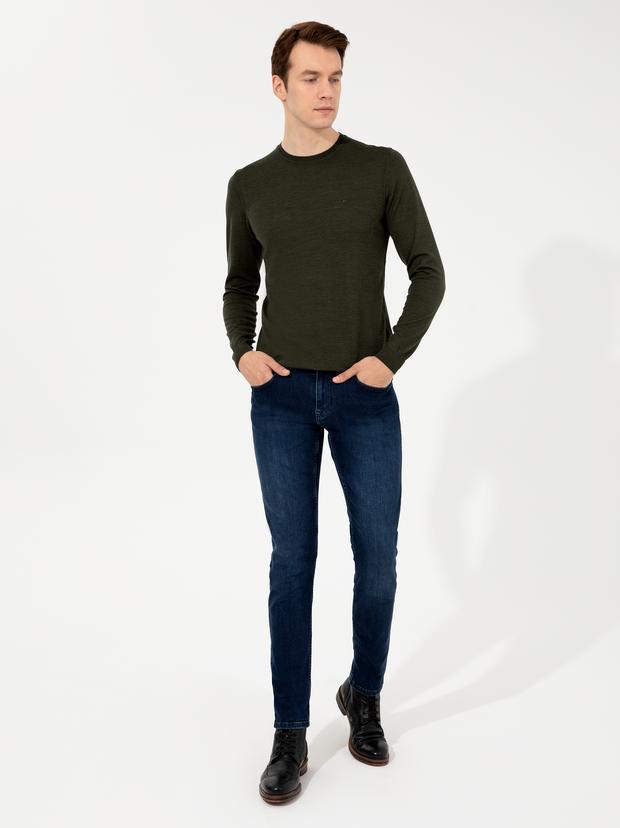 Haki Slim Fit Bisiklet Yaka Basic Triko Kazak