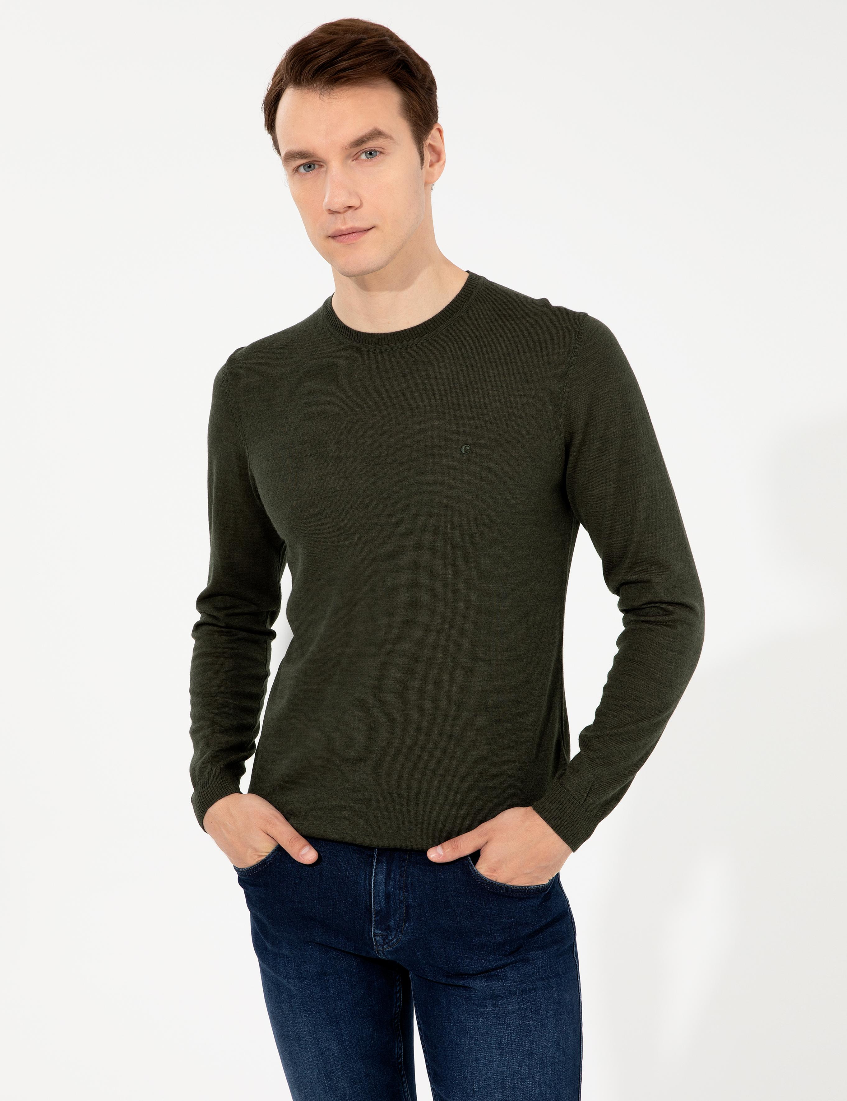 Haki Slim Fit Bisiklet Yaka Basic Triko Kazak - 50257398064