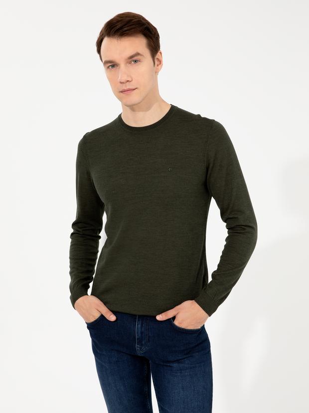 Haki Slim Fit Bisiklet Yaka Basic Triko Kazak