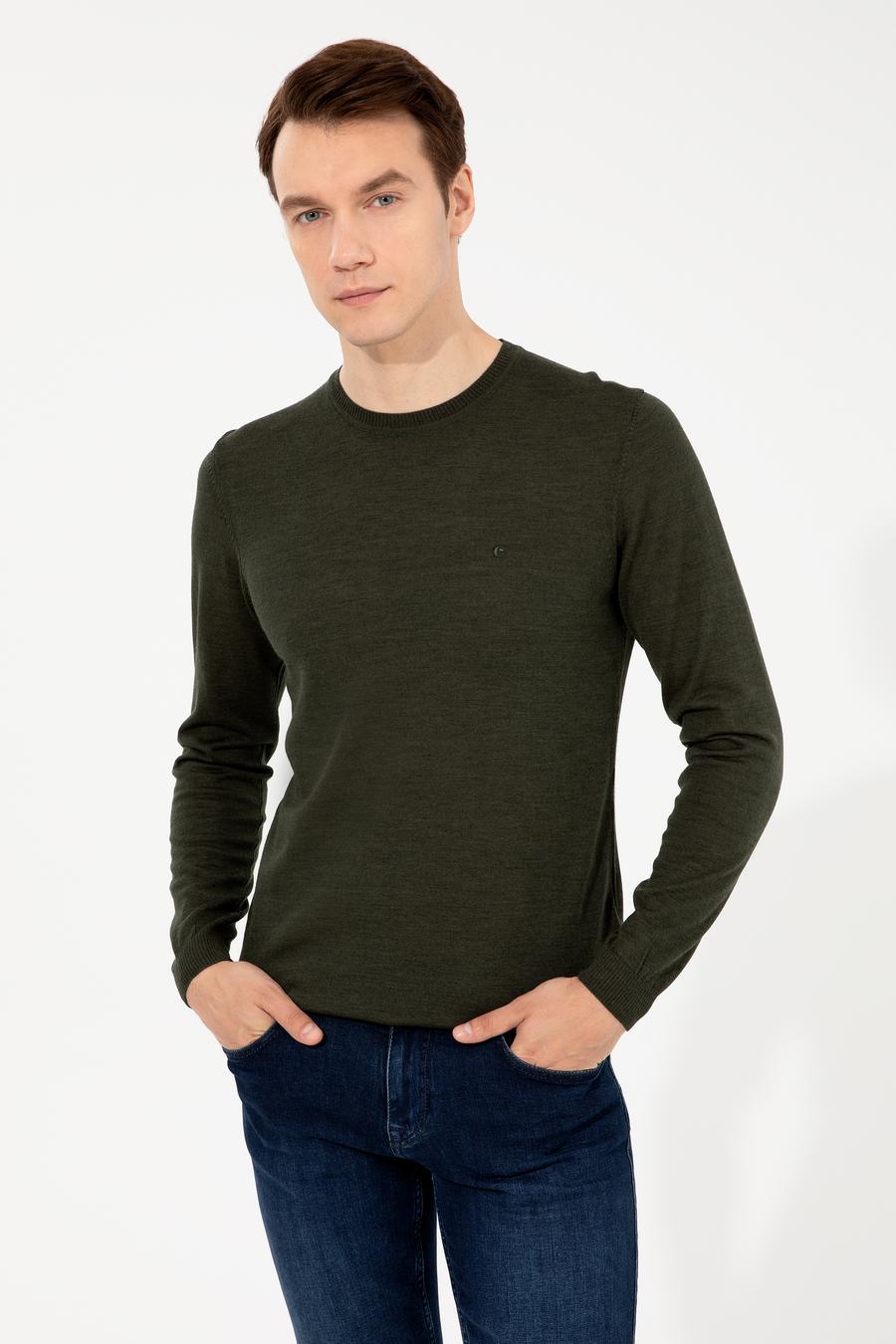 Haki Slim Fit Bisiklet Yaka Basic Triko Kazak - 50257398064