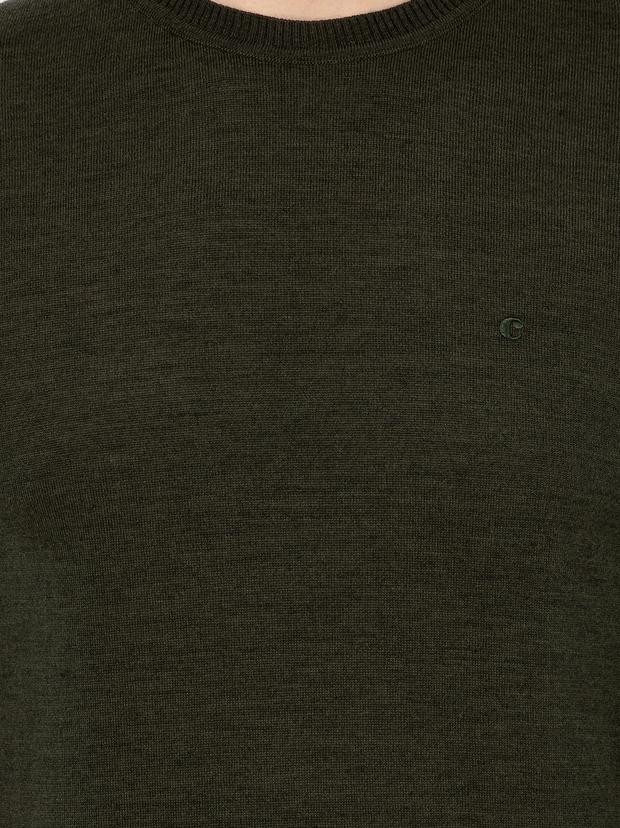 Haki Slim Fit Bisiklet Yaka Basic Triko Kazak