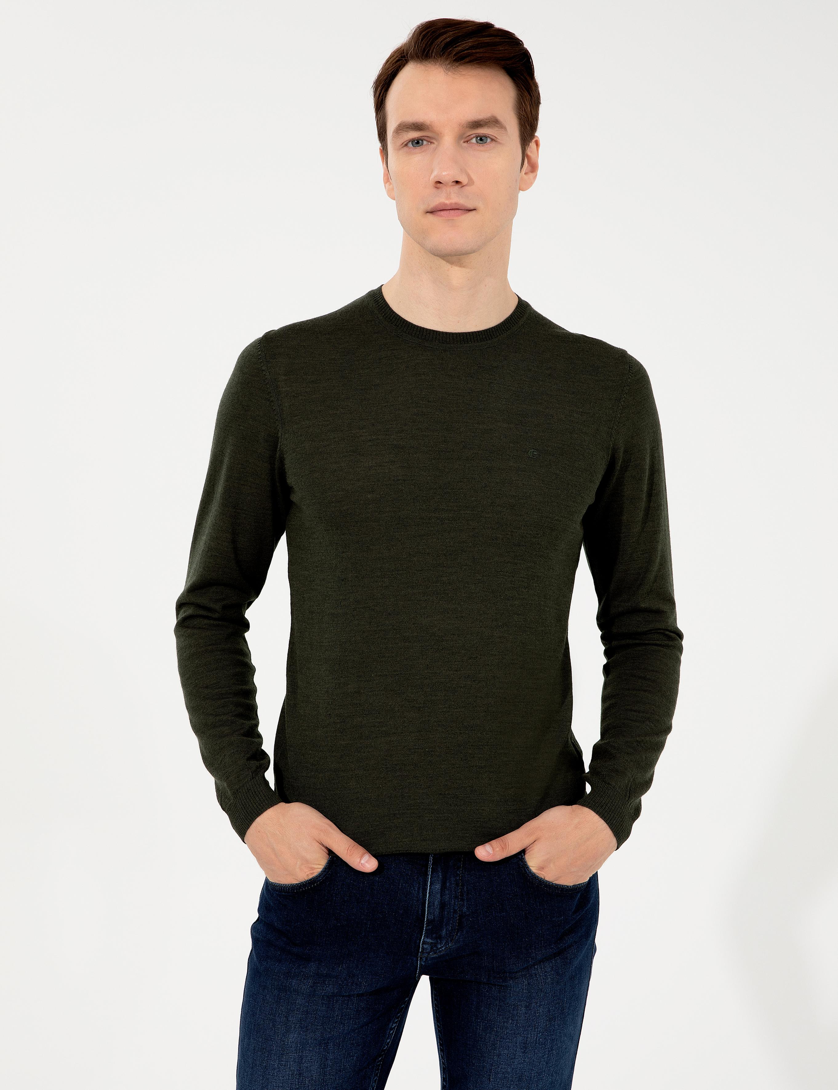 Haki Slim Fit Bisiklet Yaka Basic Triko Kazak - 50257398064