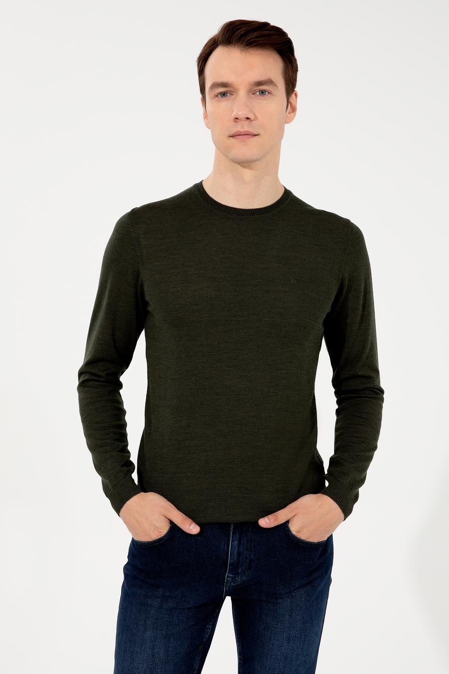 Haki Slim Fit Bisiklet Yaka Basic Triko Kazak - 50257398064
