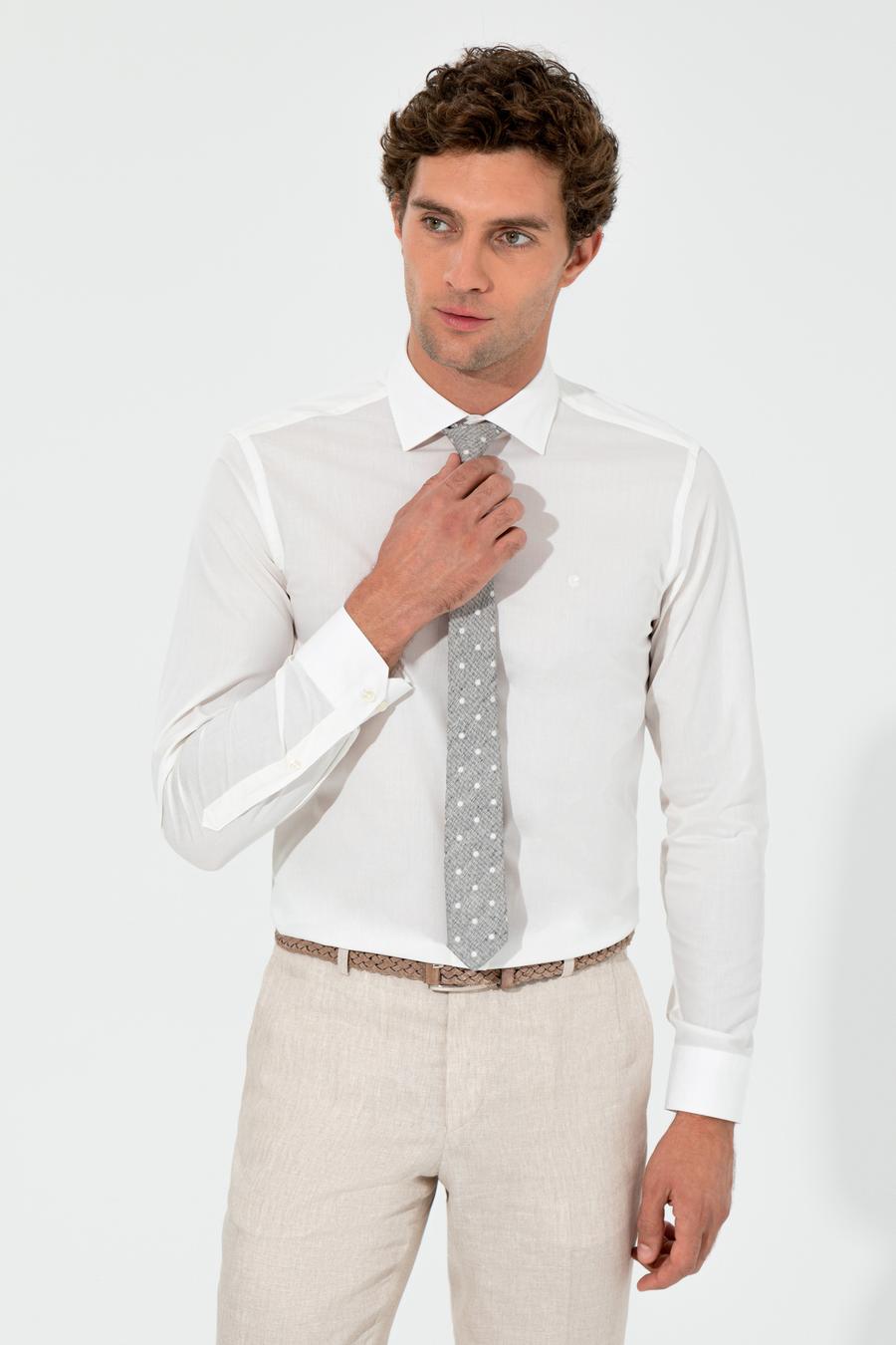 Ekru Slim Fit Uzun Kollu Basic Gömlek - 50235535072