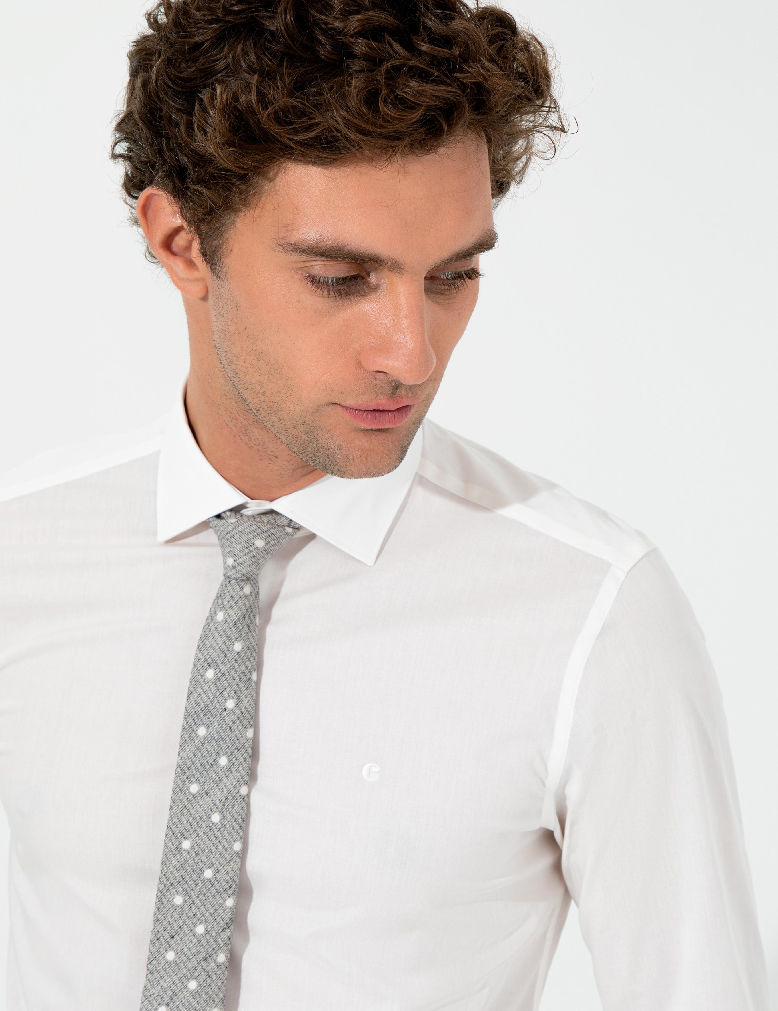 Ekru Slim Fit Uzun Kollu Basic Gömlek - 50235535072