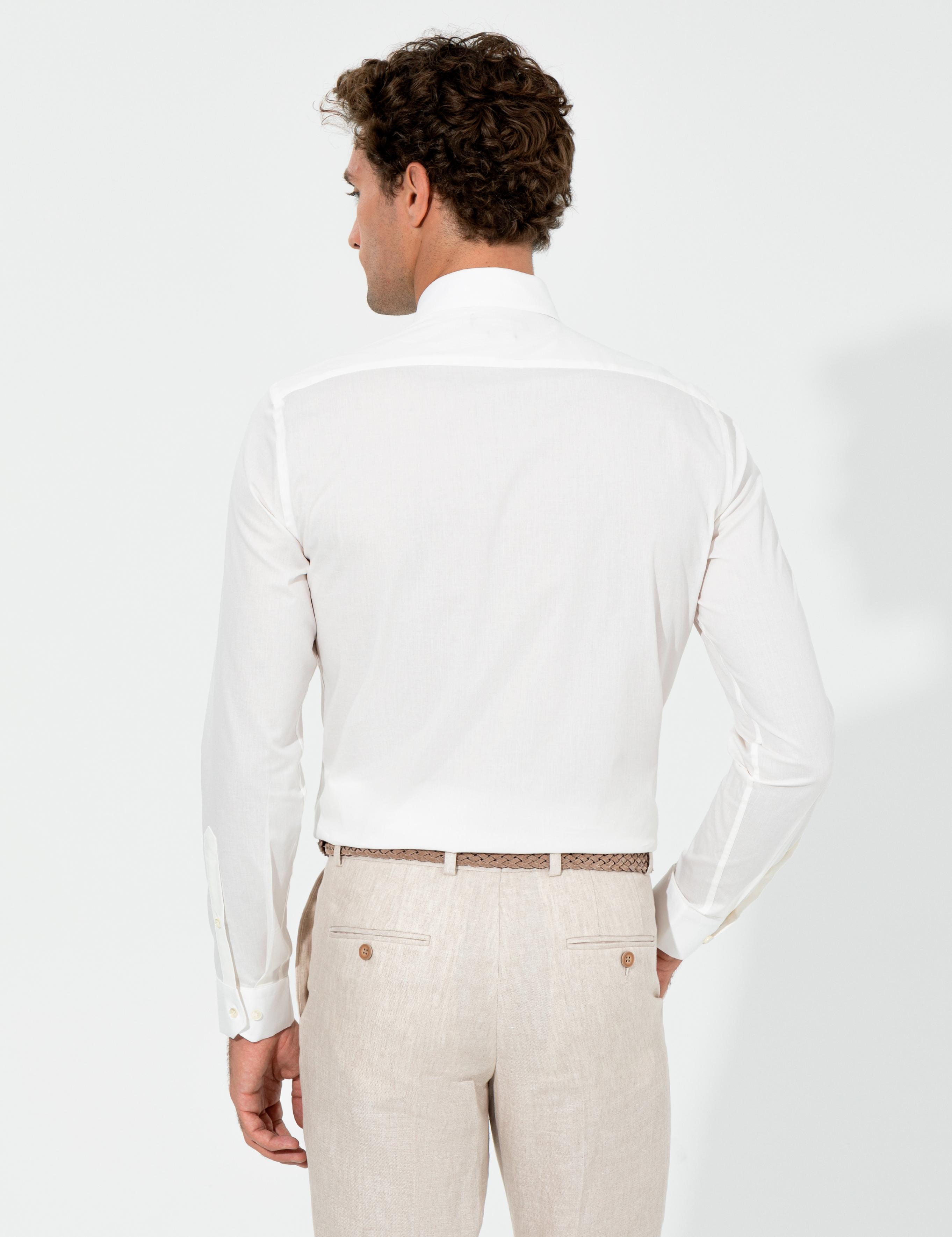 Ekru Slim Fit Uzun Kollu Basic Gömlek - 50235535072