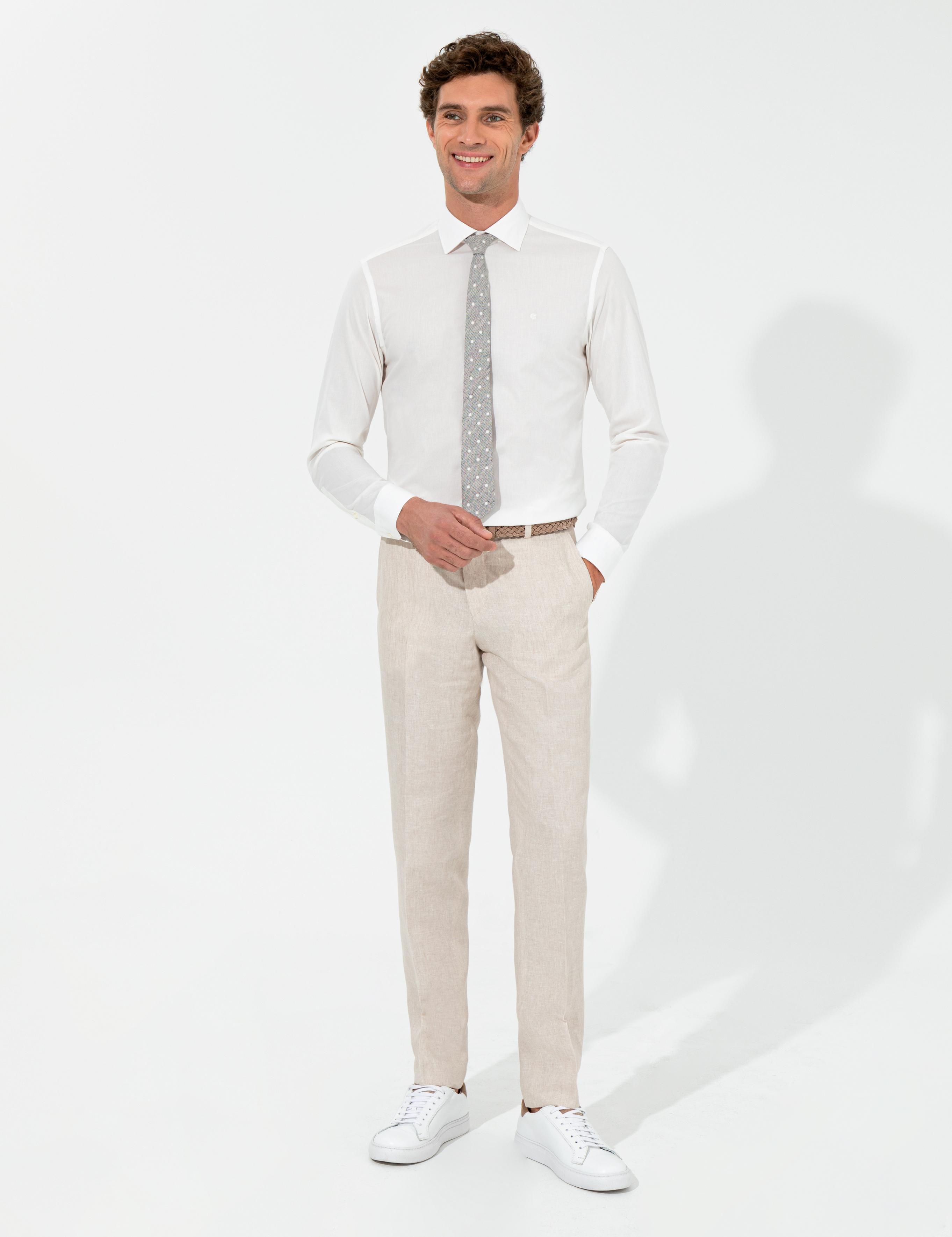 Ekru Slim Fit Uzun Kollu Basic Gömlek - 50235535072