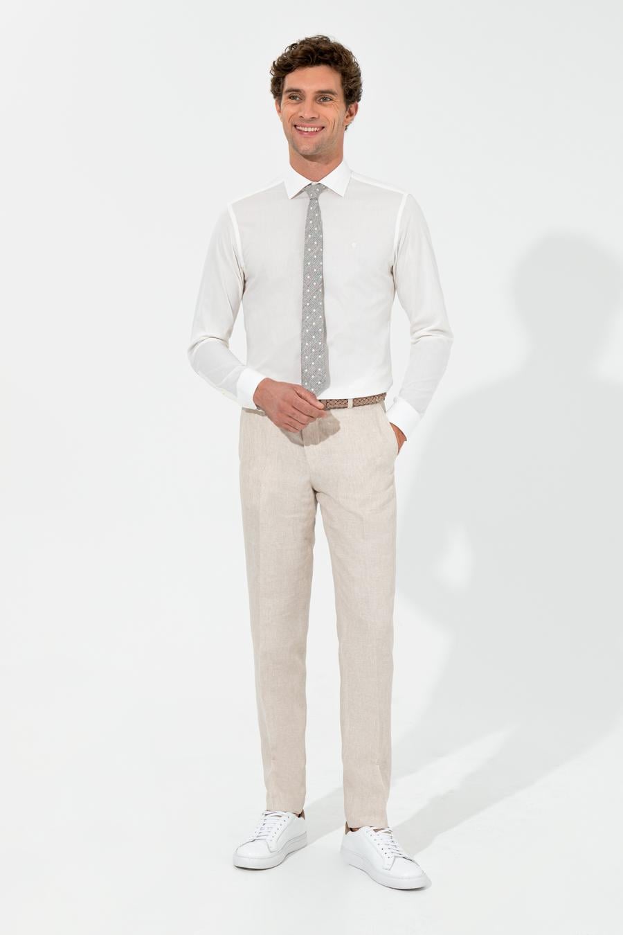 Ekru Slim Fit Uzun Kollu Basic Gömlek - 50235535072