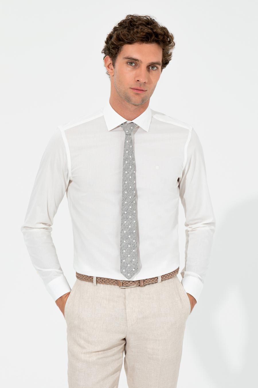 Ekru Slim Fit Uzun Kollu Basic Gömlek - 50235535072