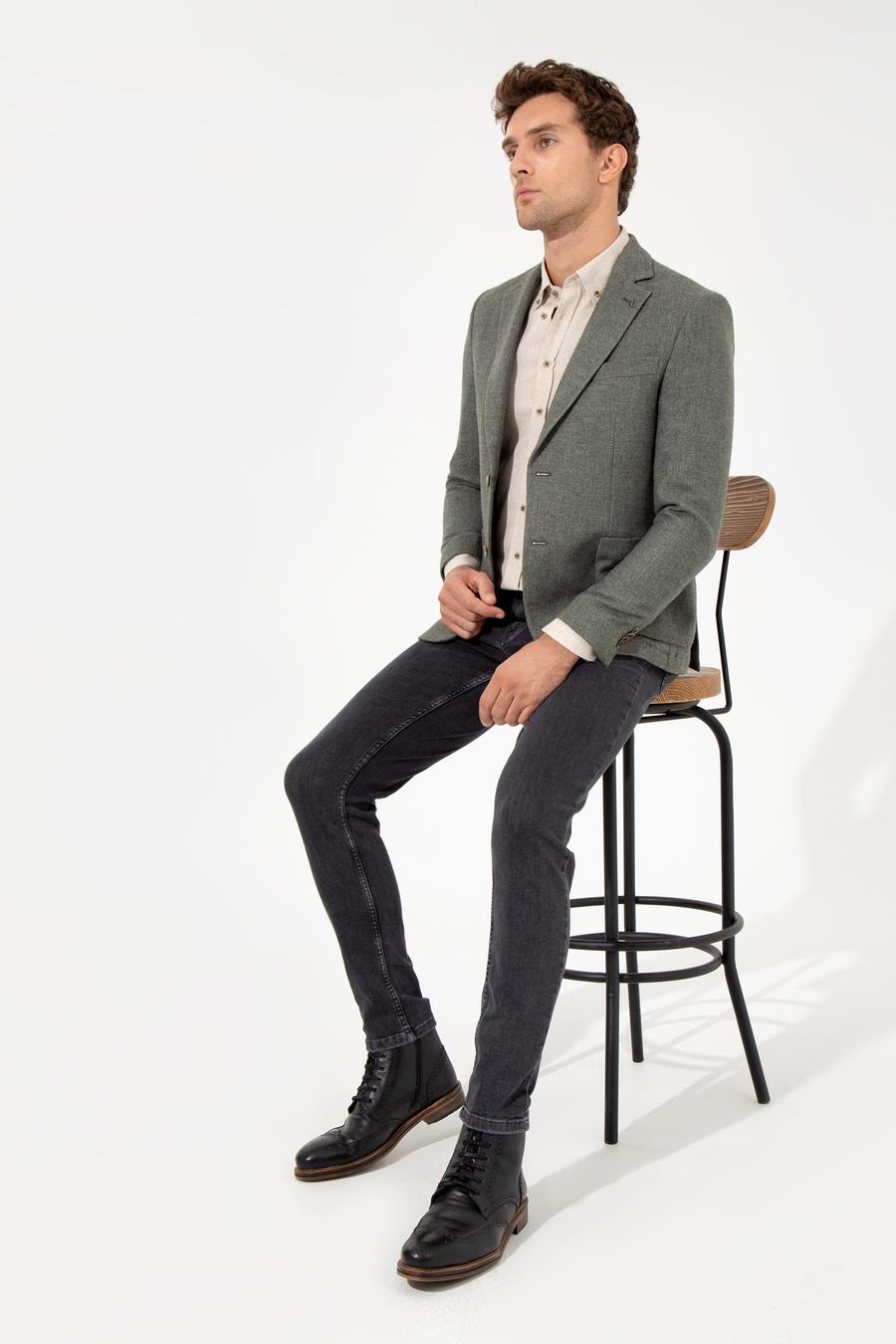 Haki Slim Fit Yün Karışımlı Mikro Desenli Ceket - 50260594163