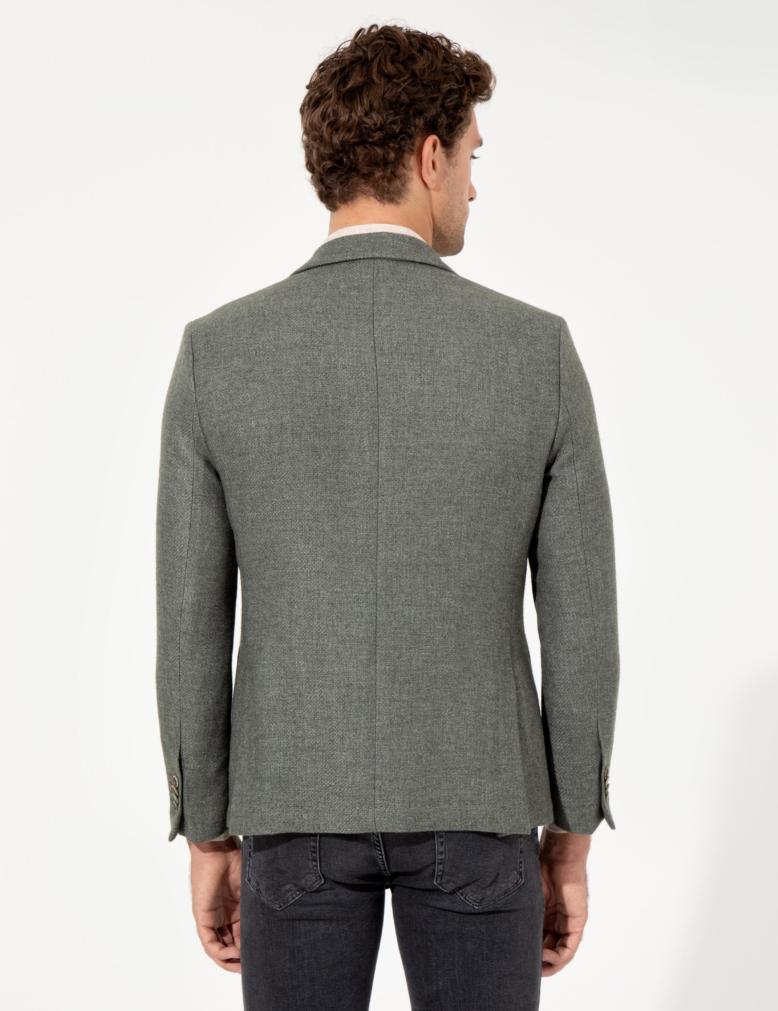 Haki Slim Fit Yün Karışımlı Mikro Desenli Ceket - 50260594163