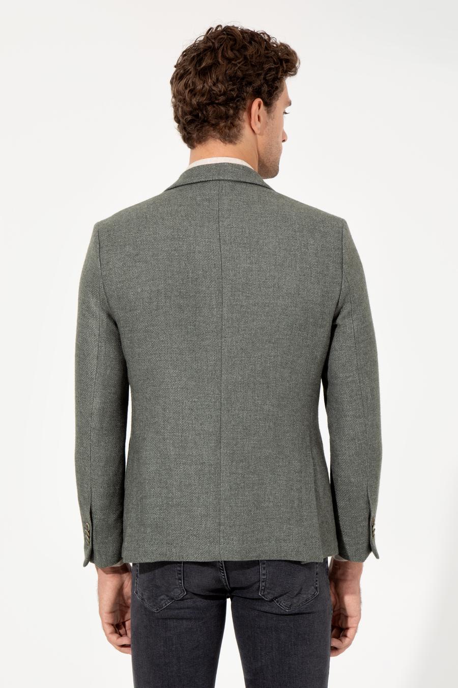 Haki Slim Fit Yün Karışımlı Mikro Desenli Ceket - 50260594163