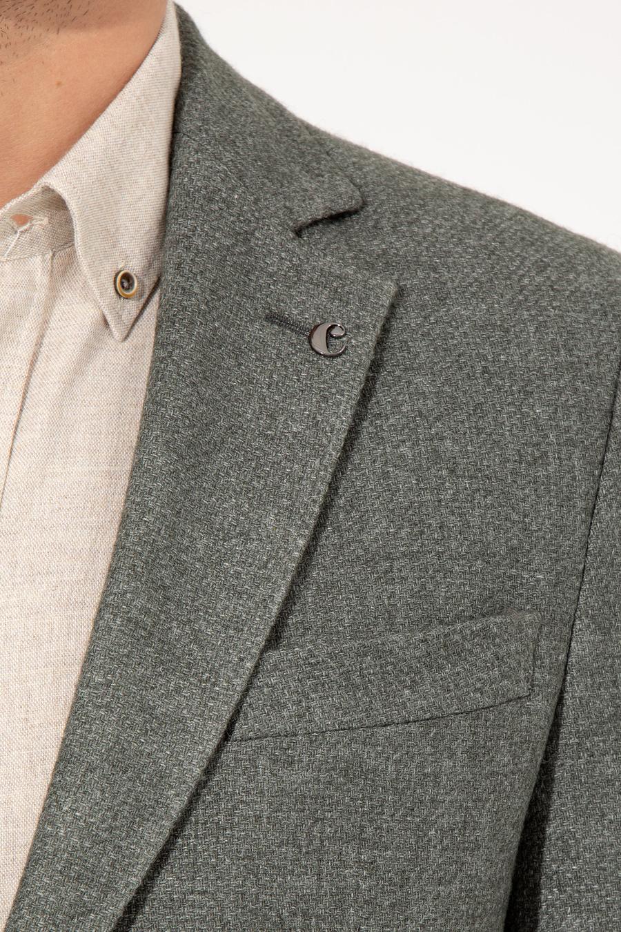 Haki Slim Fit Yün Karışımlı Mikro Desenli Ceket - 50260594163