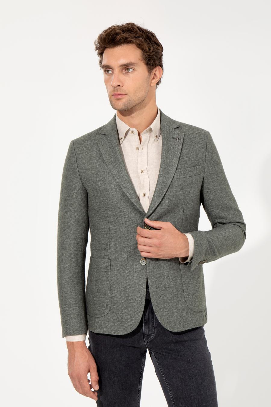 Haki Slim Fit Yün Karışımlı Mikro Desenli Ceket - 50260594163