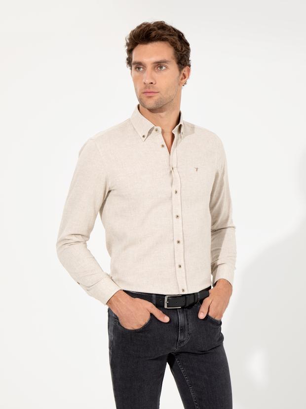 Bej Slim Fit Uzun Kollu Gömlek