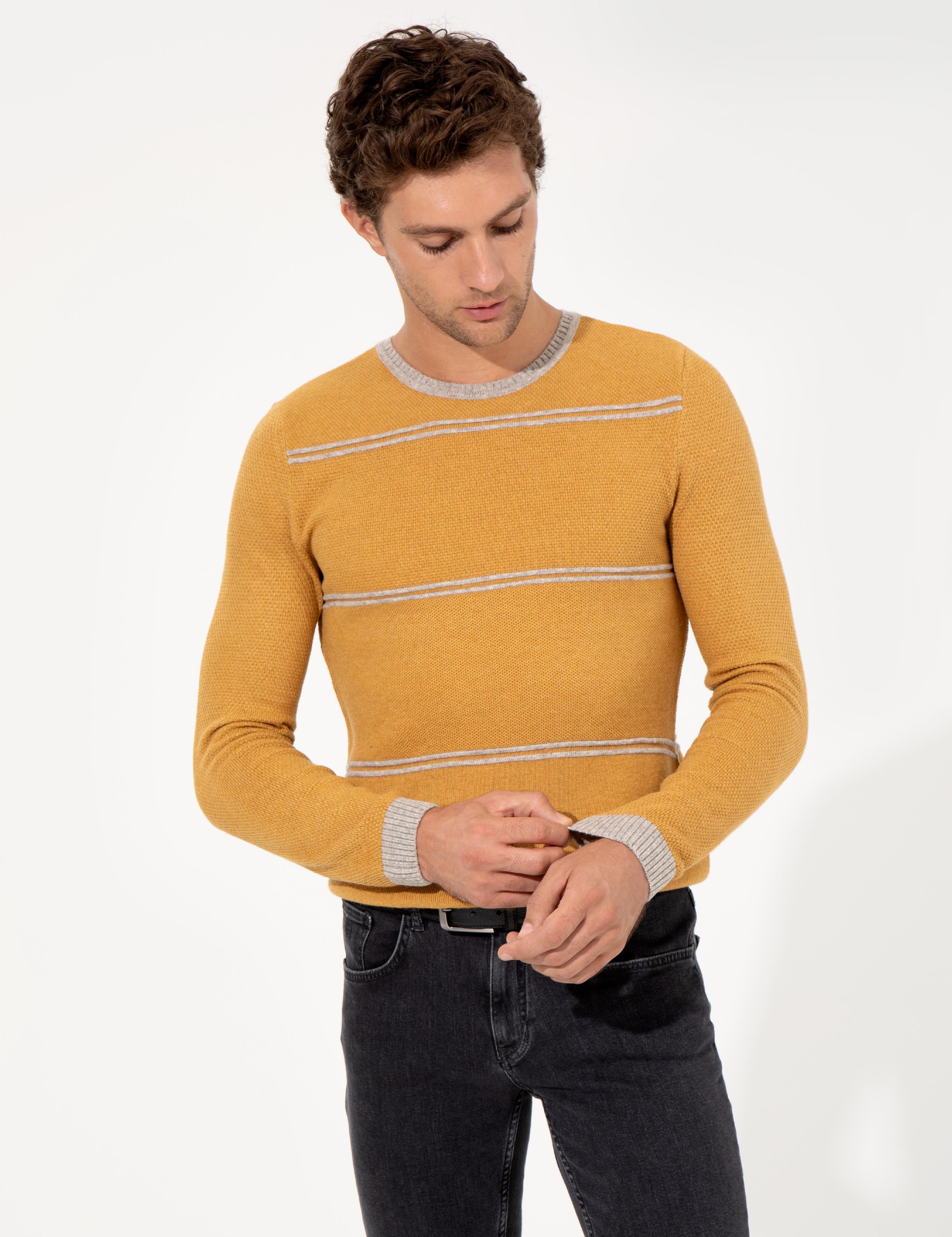 Sarı Slim Fit Yün Karışımlı Bisiklet Yaka Triko Kazak - 50258829003