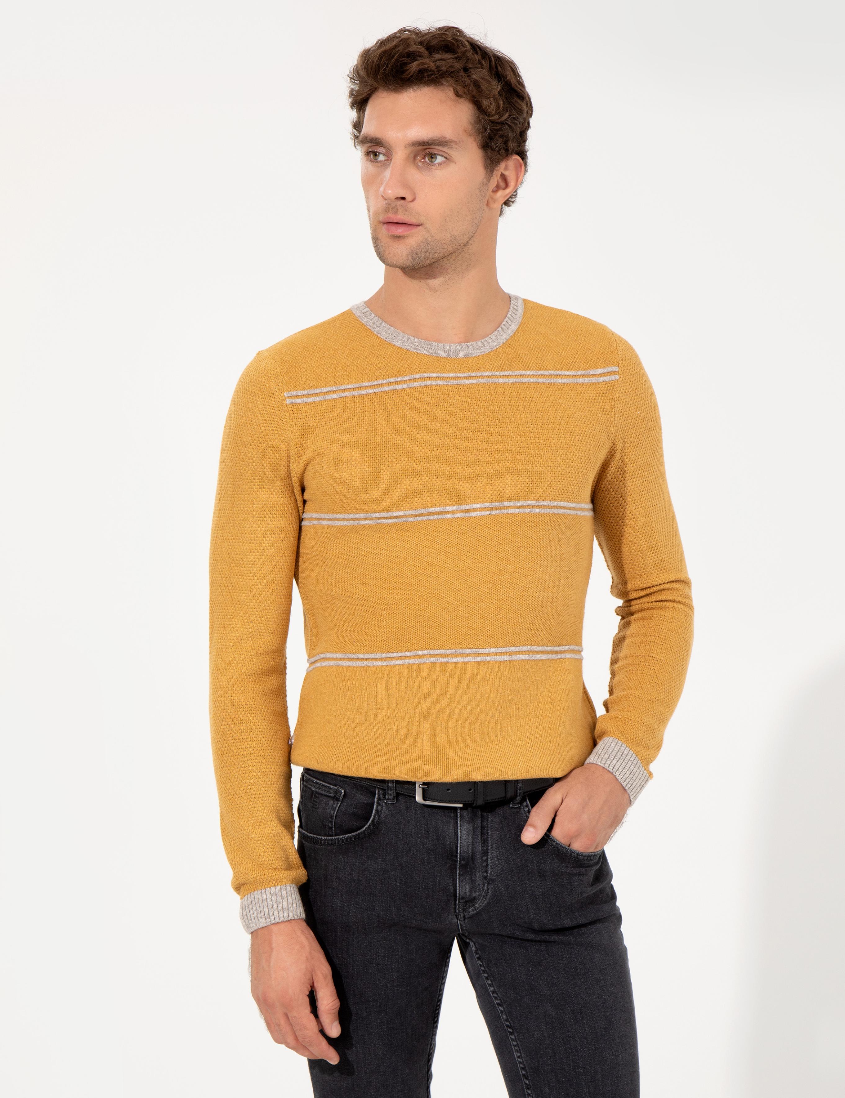Sarı Slim Fit Yün Karışımlı Bisiklet Yaka Triko Kazak - 50258829003