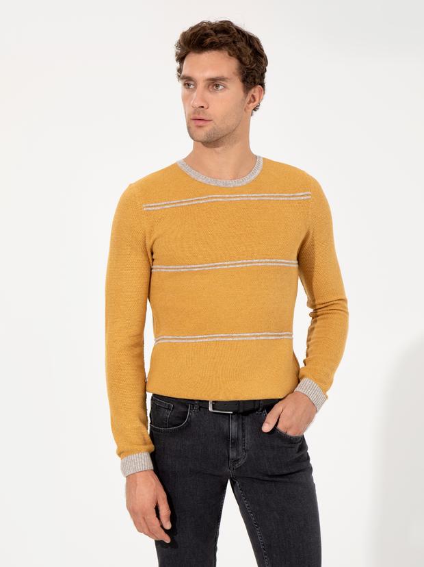 Sarı Slim Fit Yün Karışımlı Bisiklet Yaka Triko Kazak