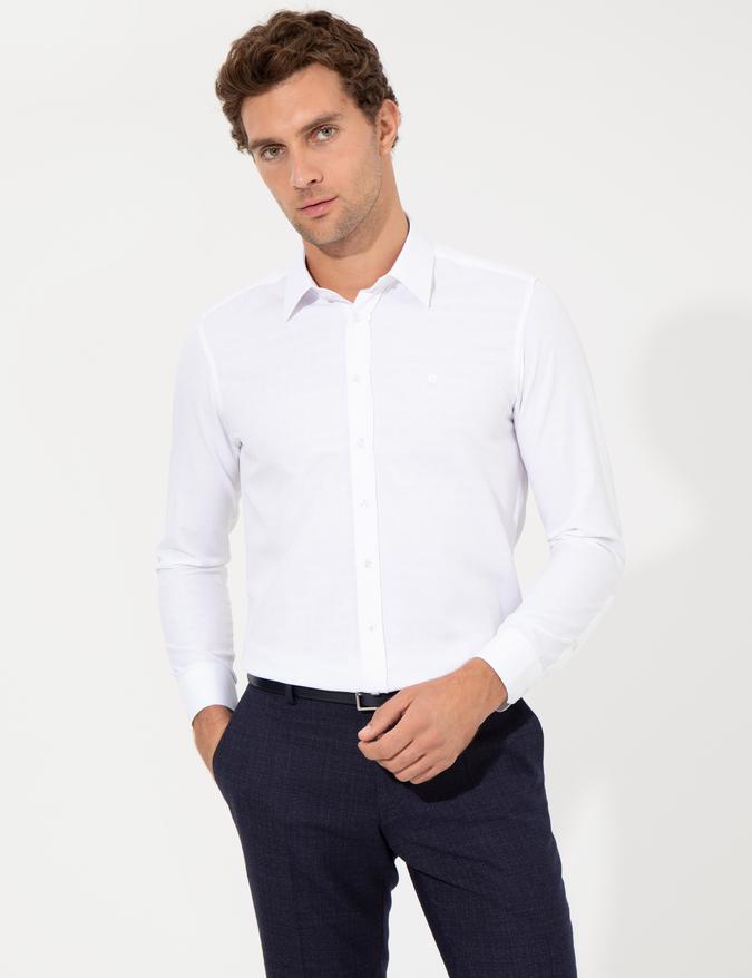 Ekru Slim Fit Uzun Kollu Basic Gömlek