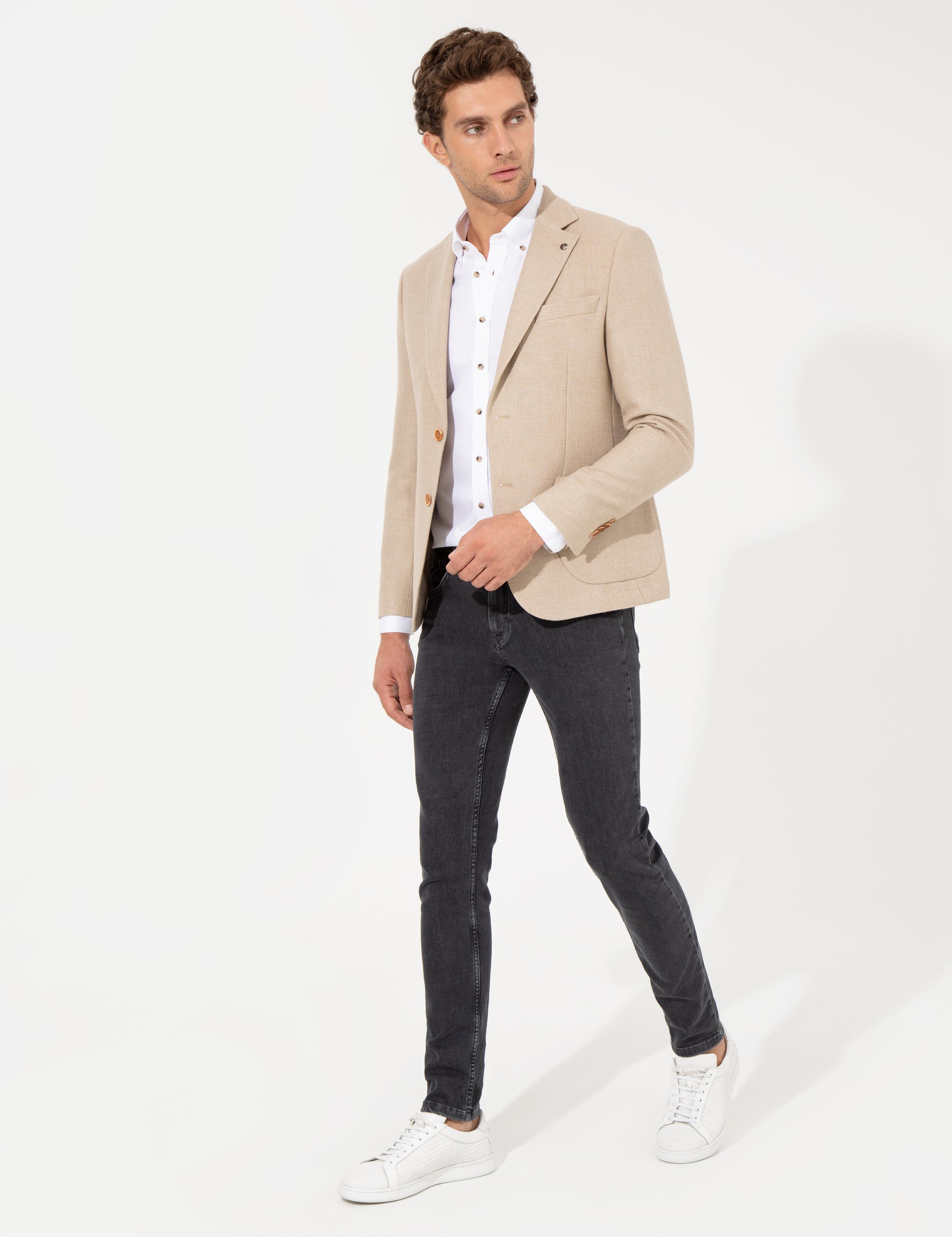 Bej Slim Fit Yün Karışımlı Mikro Desenli Ceket - 50260594131