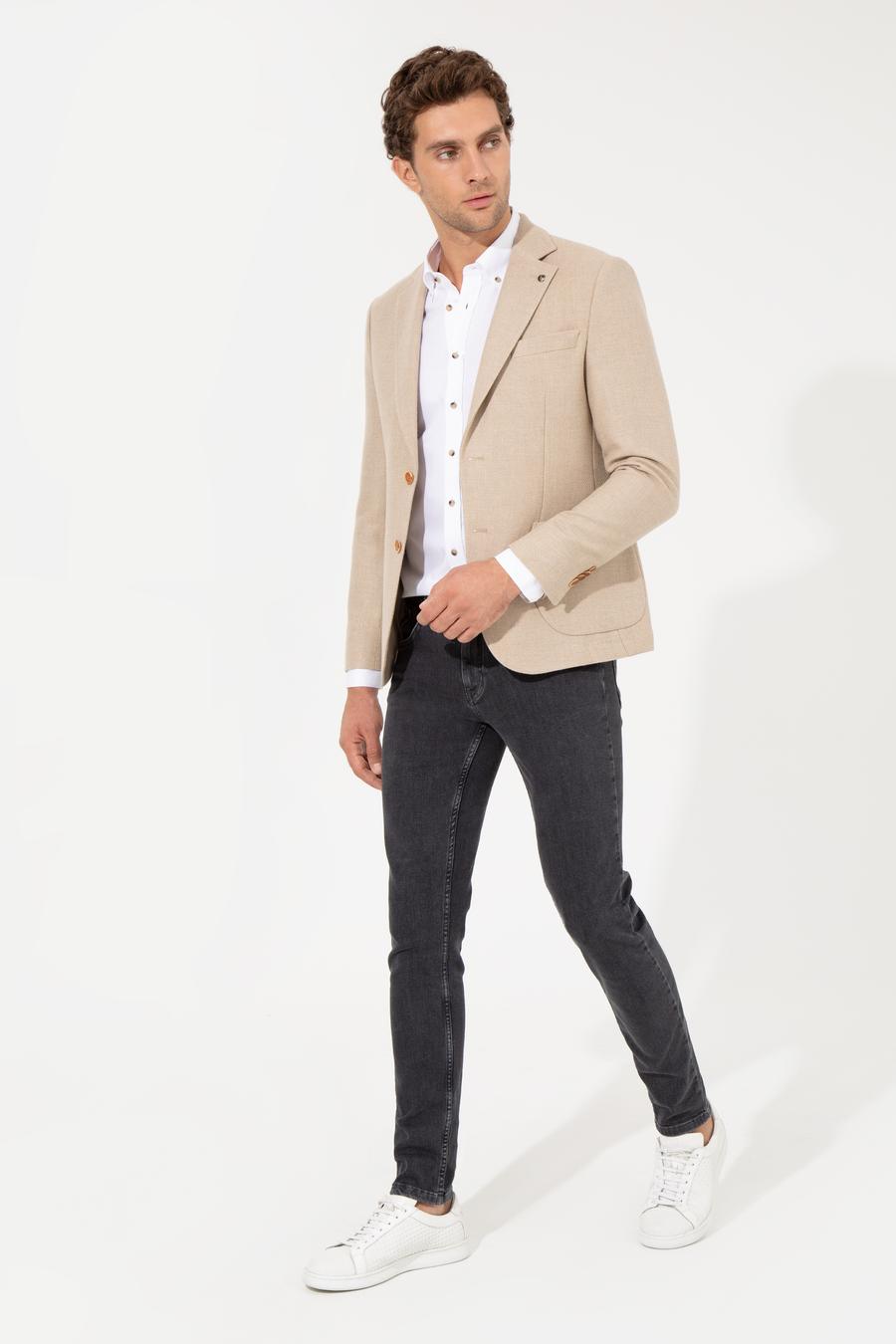 Bej Slim Fit Yün Karışımlı Mikro Desenli Ceket - 50260594131