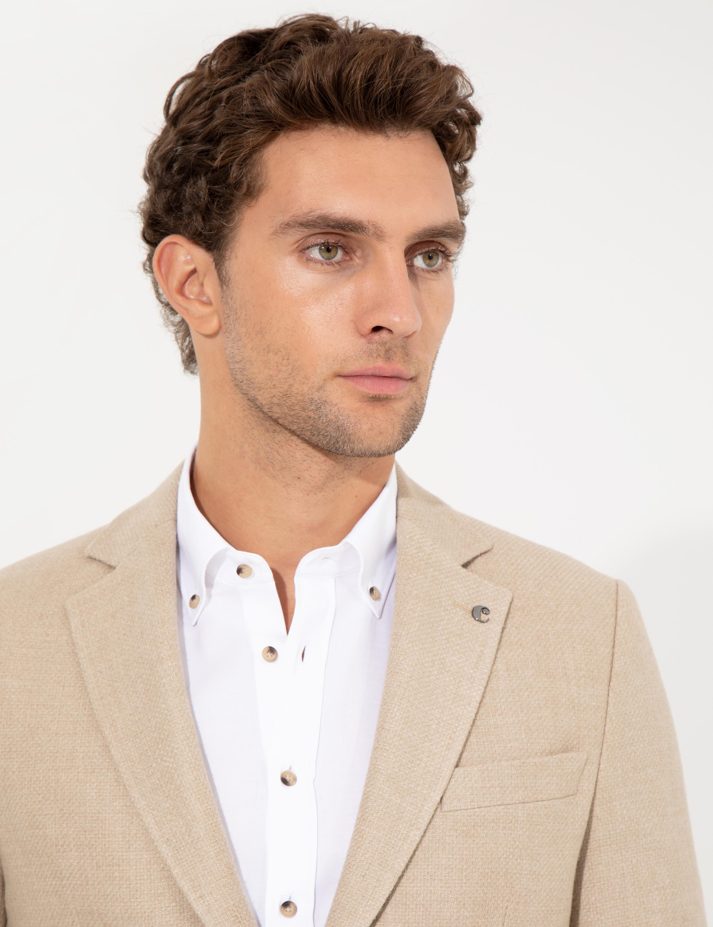 Bej Slim Fit Yün Karışımlı Mikro Desenli Ceket - 50260594131