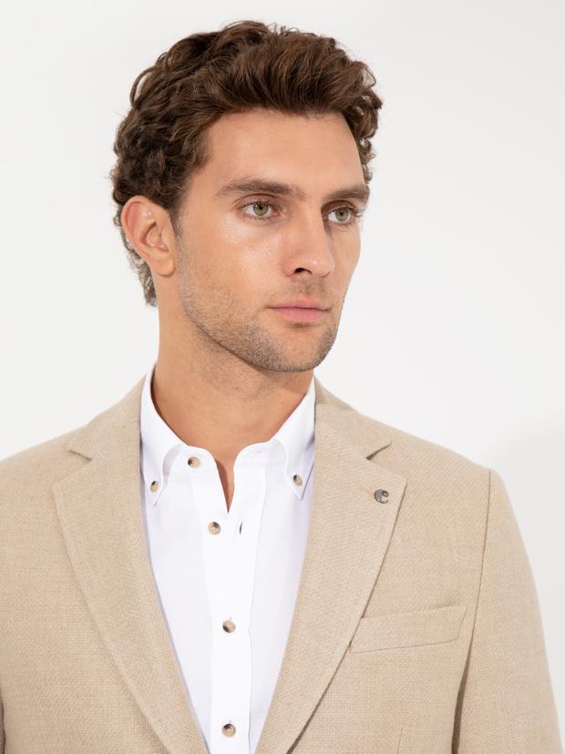 Bej Slim Fit Yün Karışımlı Mikro Desenli Ceket