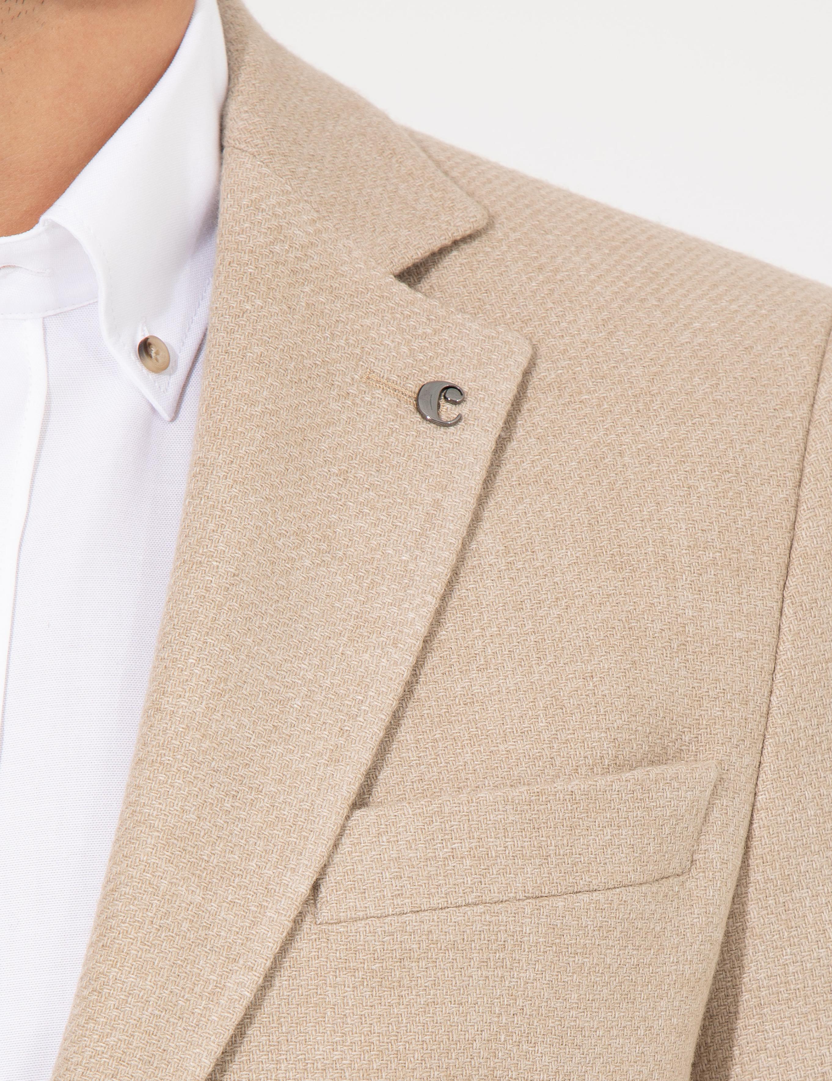 Bej Slim Fit Yün Karışımlı Mikro Desenli Ceket - 50260594131