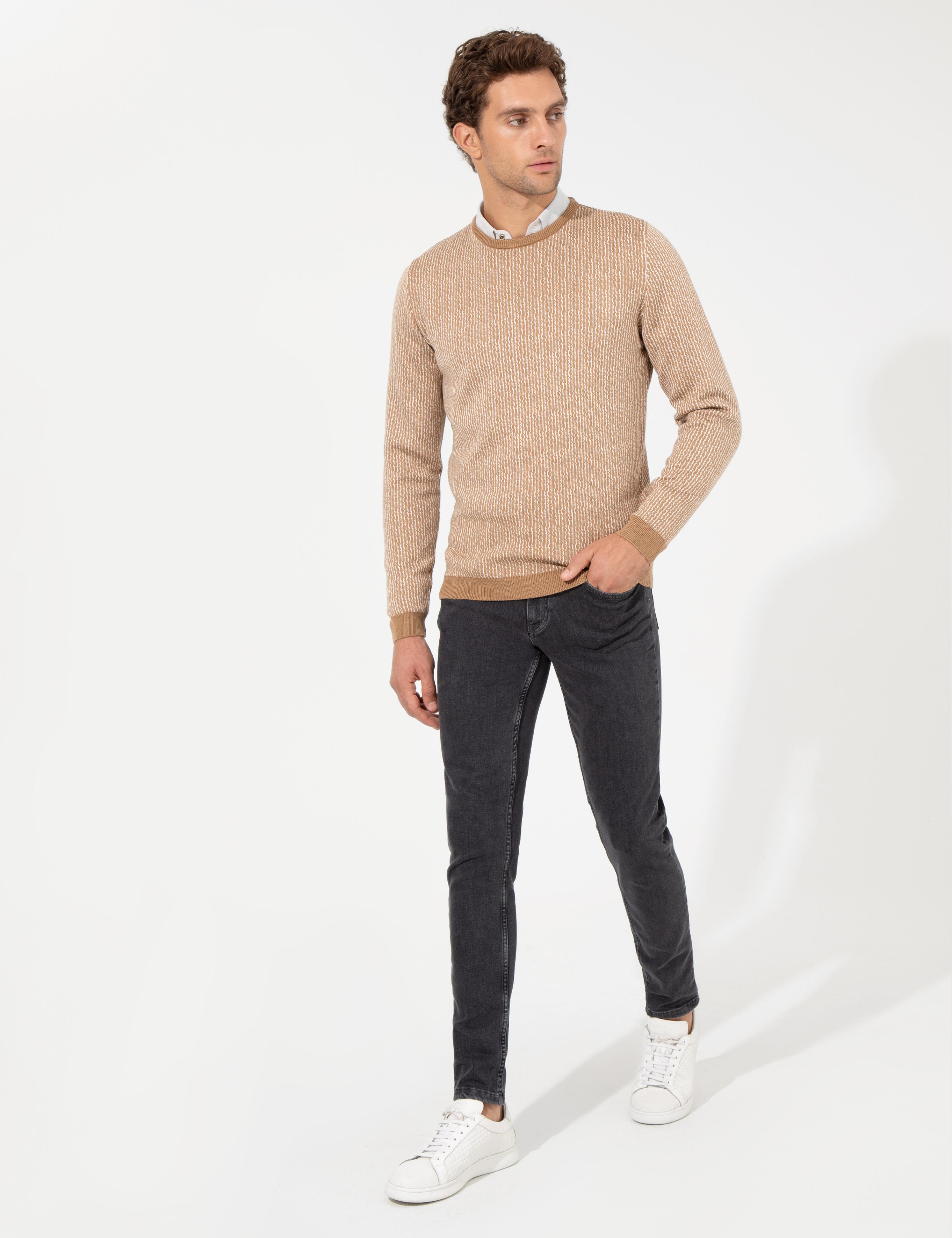Bej Slim Fit Bisiklet Yaka Triko Kazak - 50259277010