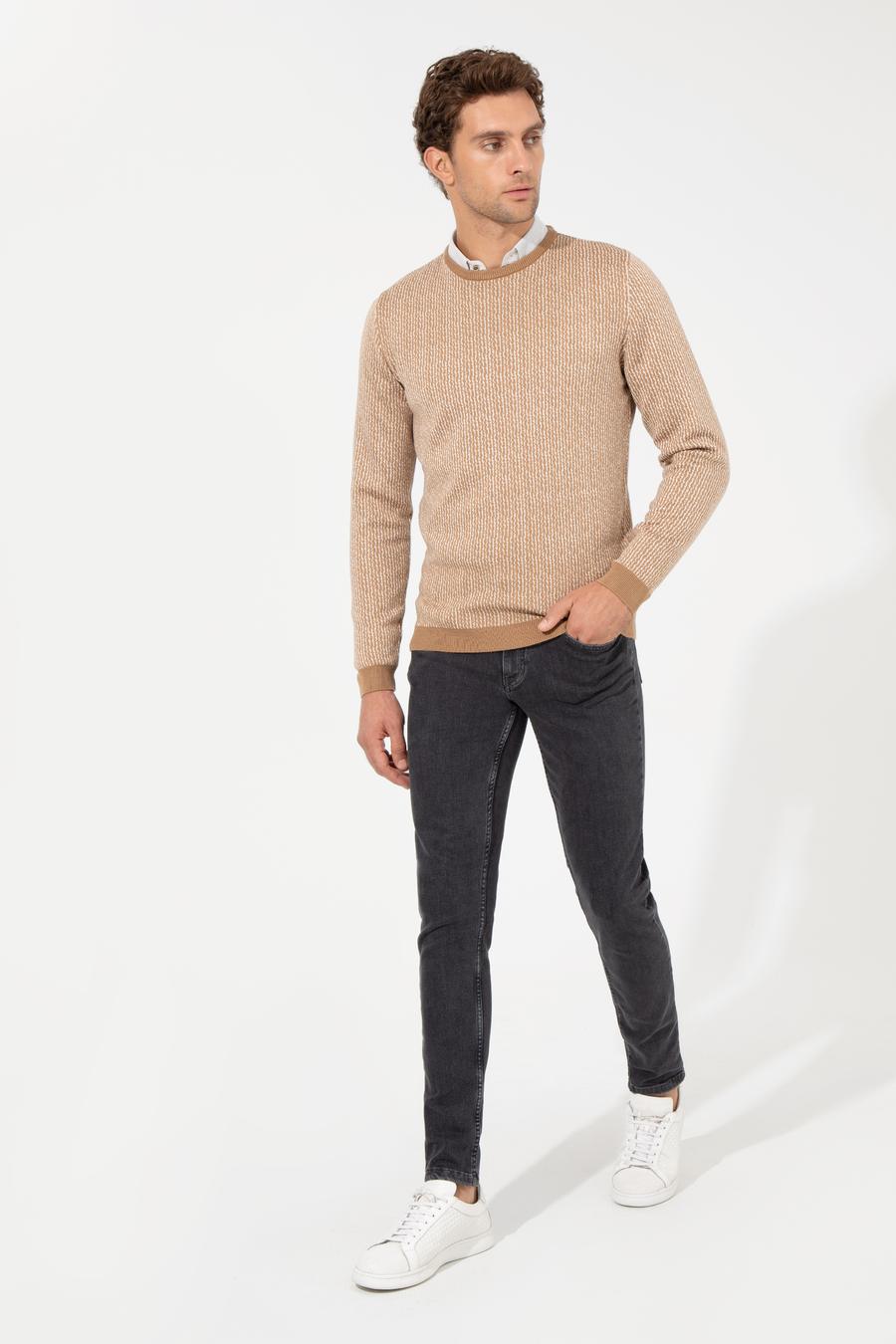 Bej Slim Fit Bisiklet Yaka Triko Kazak - 50259277010