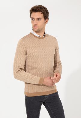 Bej Slim Fit Bisiklet Yaka Triko Kazak