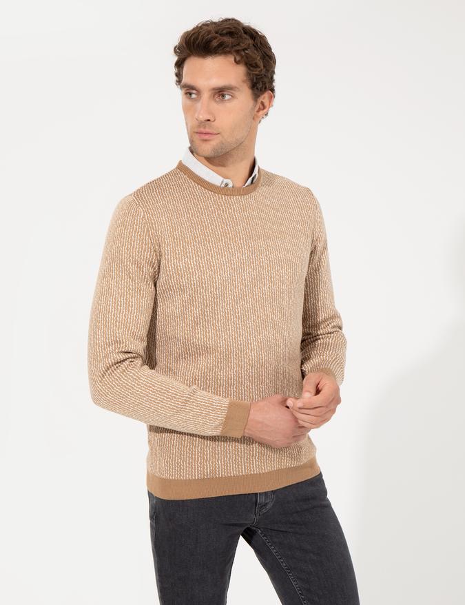 Bej Slim Fit Bisiklet Yaka Triko Kazak