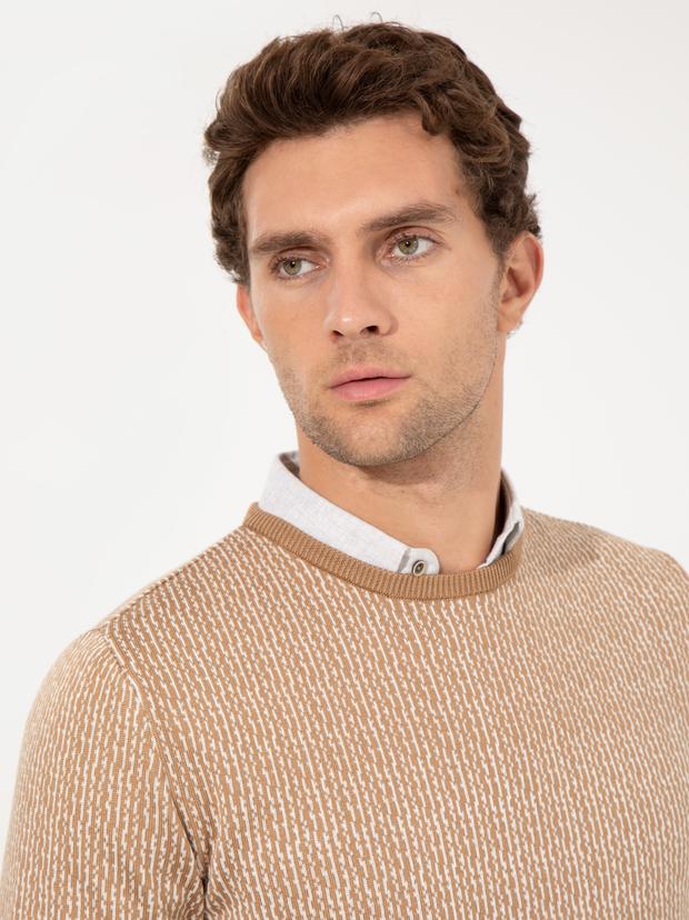 Bej Slim Fit Bisiklet Yaka Triko Kazak