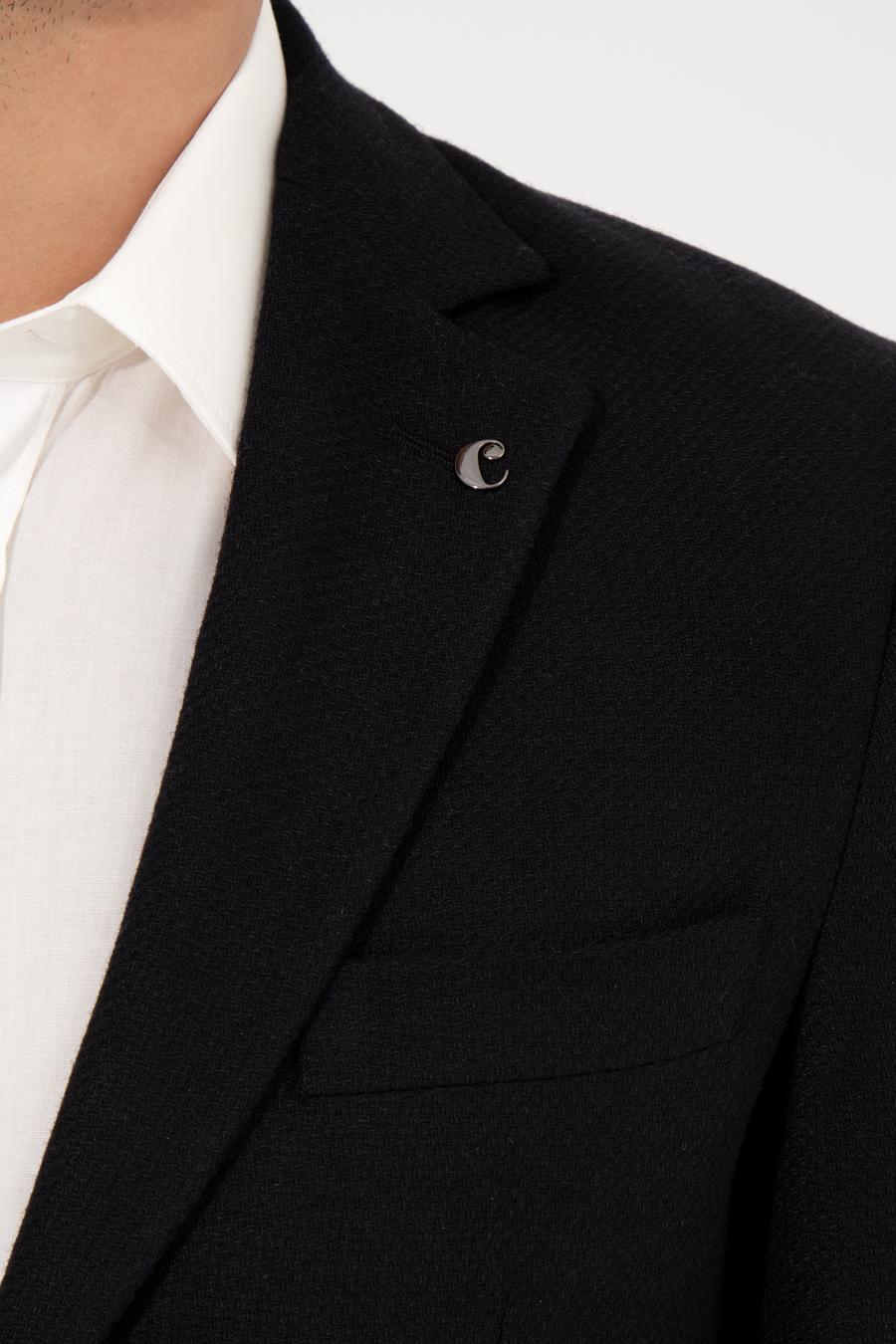 Siyah Slim Fit Yün Karışımlı Mikro Desenli Ceket - 50260594104