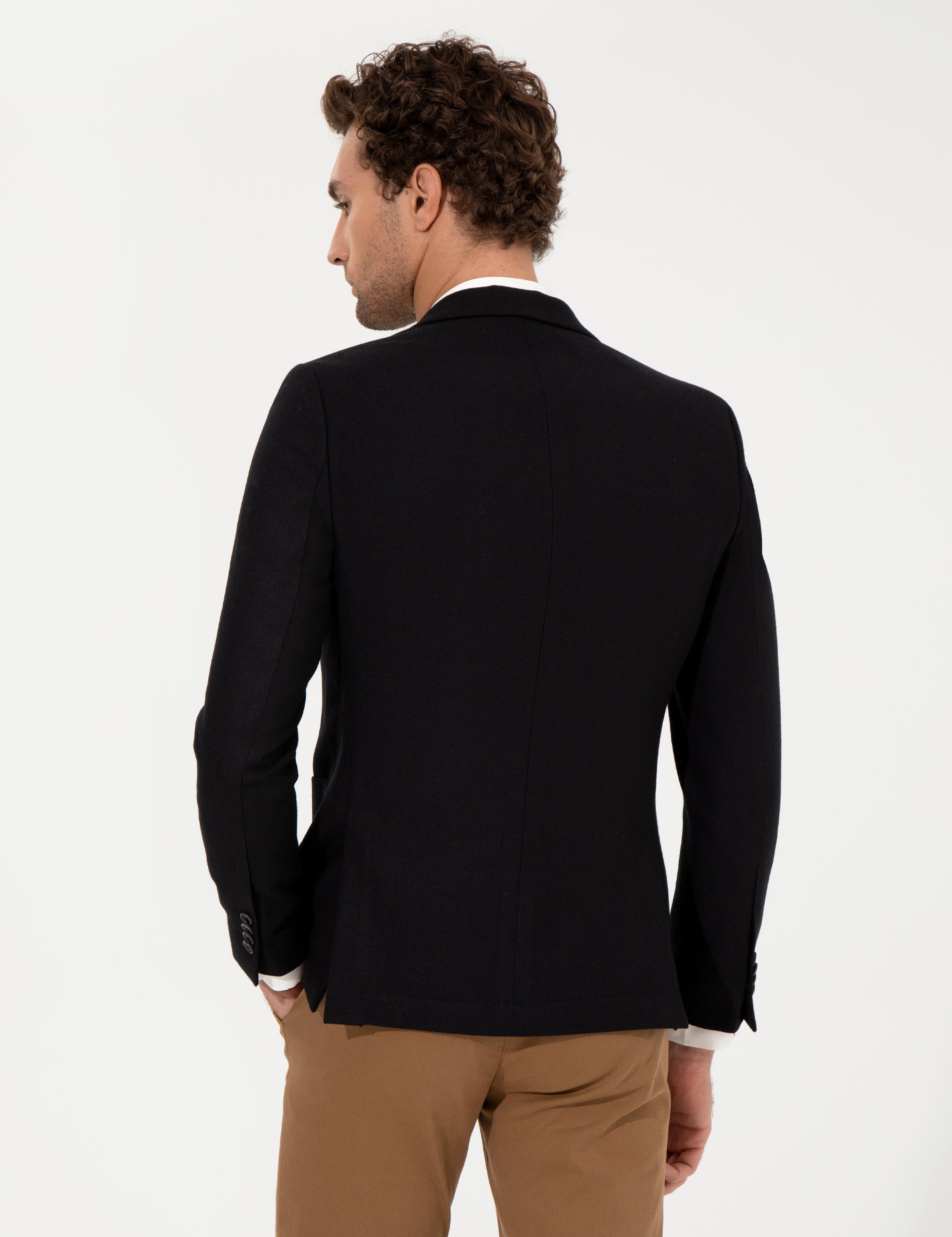 Siyah Slim Fit Yün Karışımlı Mikro Desenli Ceket - 50260594104