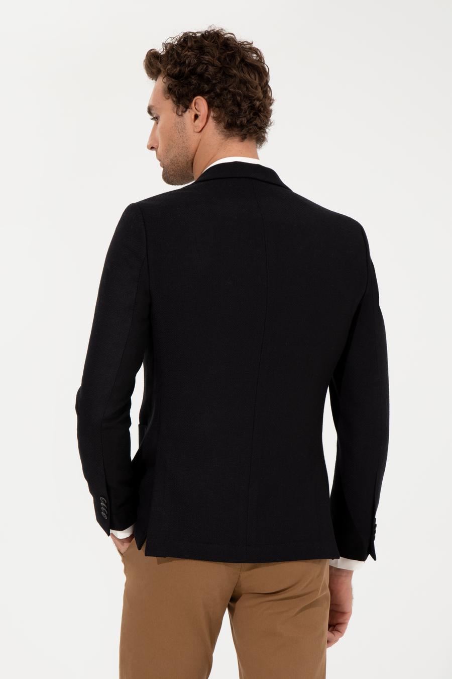 Siyah Slim Fit Yün Karışımlı Mikro Desenli Ceket - 50260594104