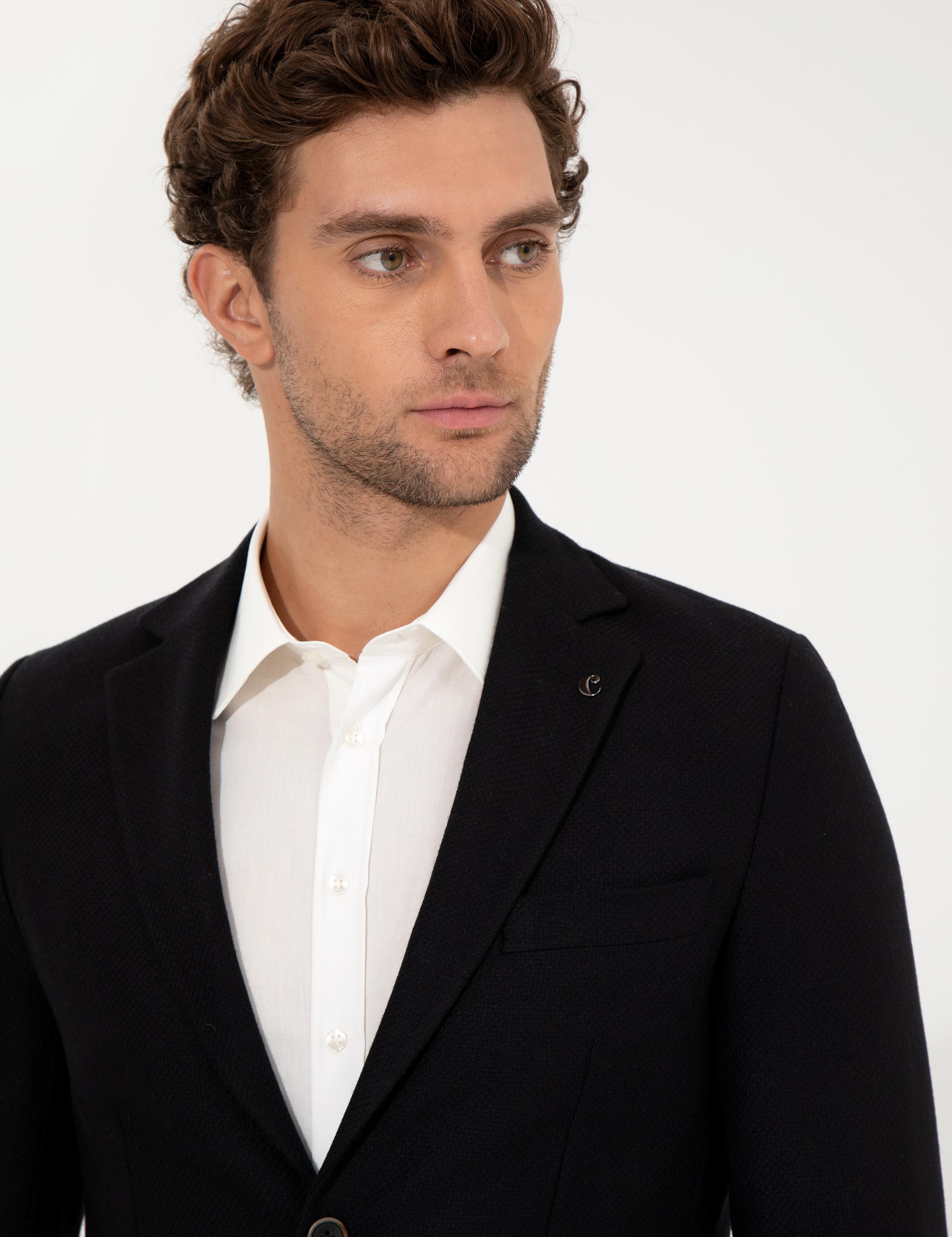Siyah Slim Fit Yün Karışımlı Mikro Desenli Ceket - 50260594104