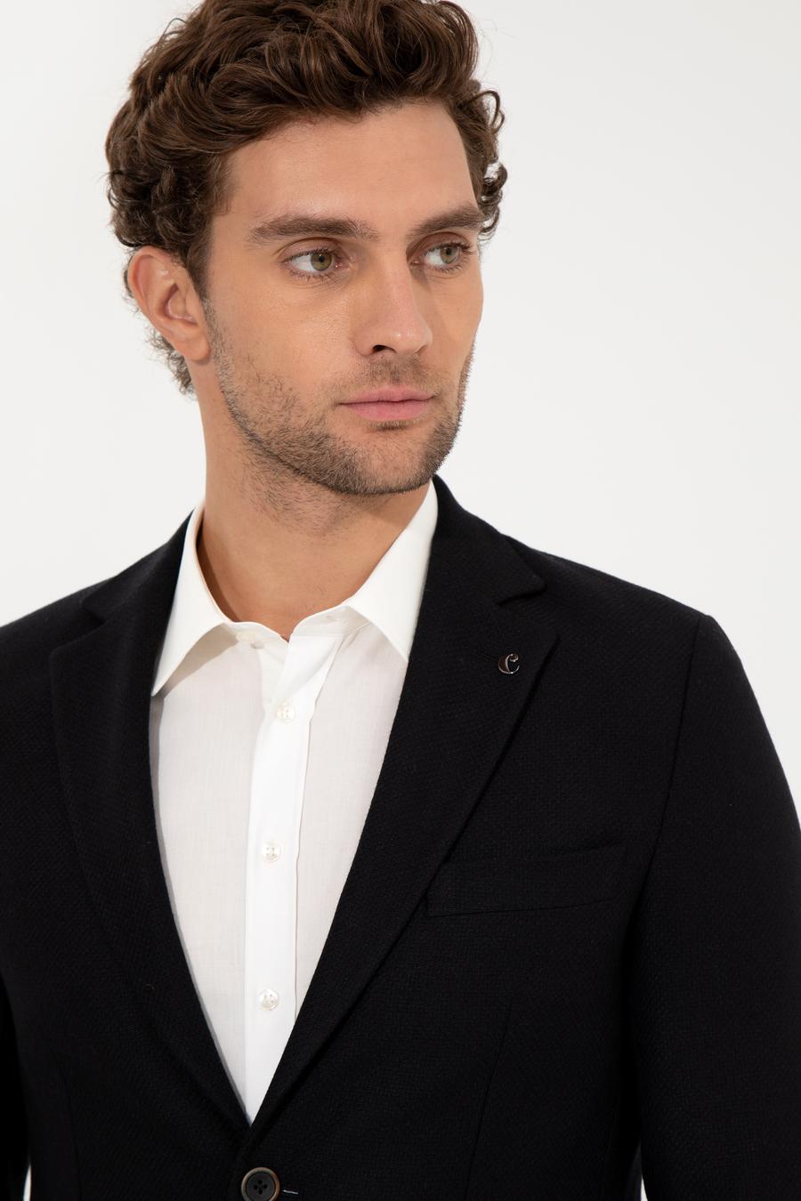 Siyah Slim Fit Yün Karışımlı Mikro Desenli Ceket - 50260594104