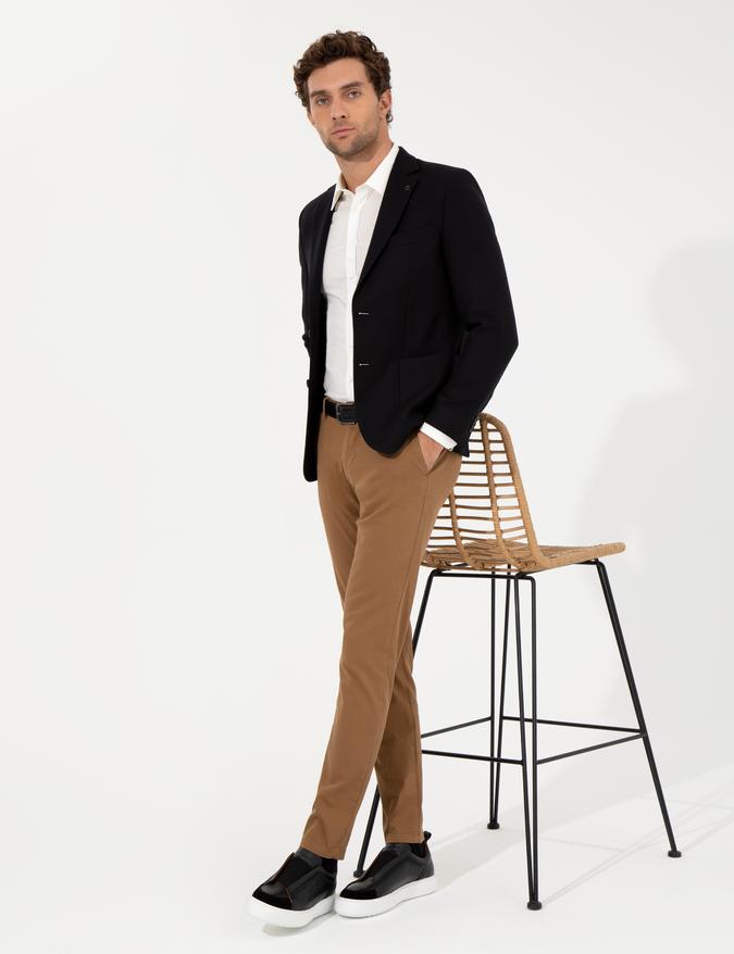 Siyah Slim Fit Yün Karışımlı Mikro Desenli Ceket