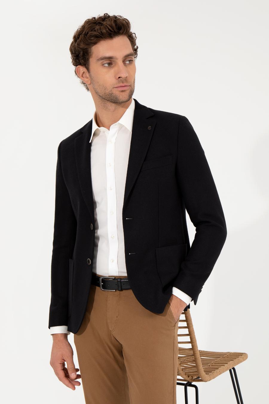 Siyah Slim Fit Yün Karışımlı Mikro Desenli Ceket - 50260594104