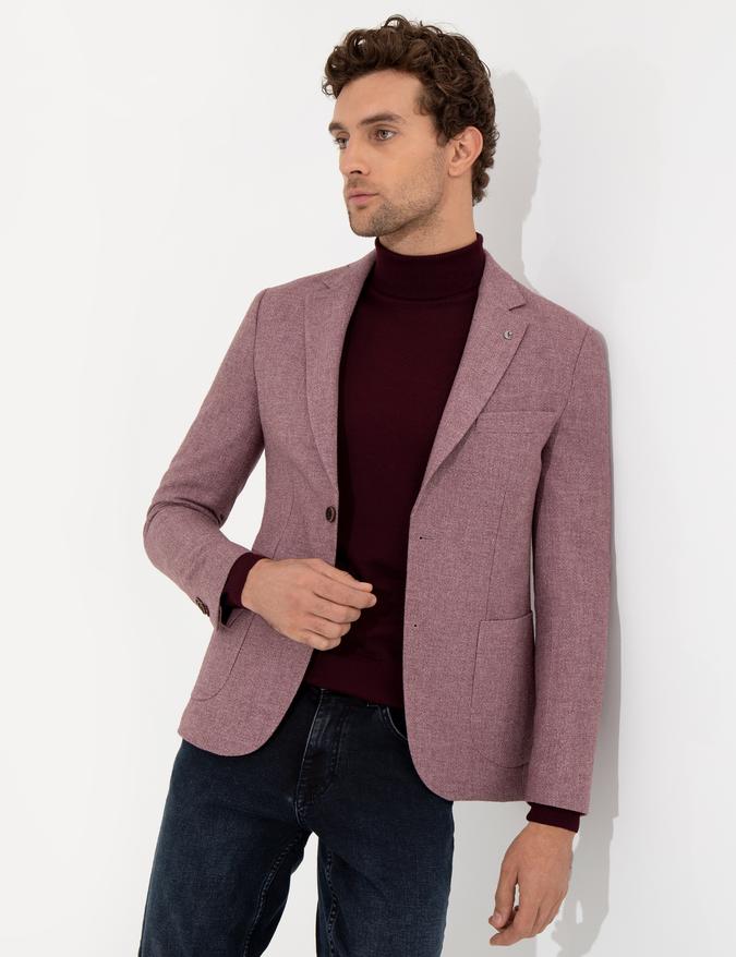 Gül Kurusu Slim Fit Yün Karışımlı Mikro Desenli Ceket