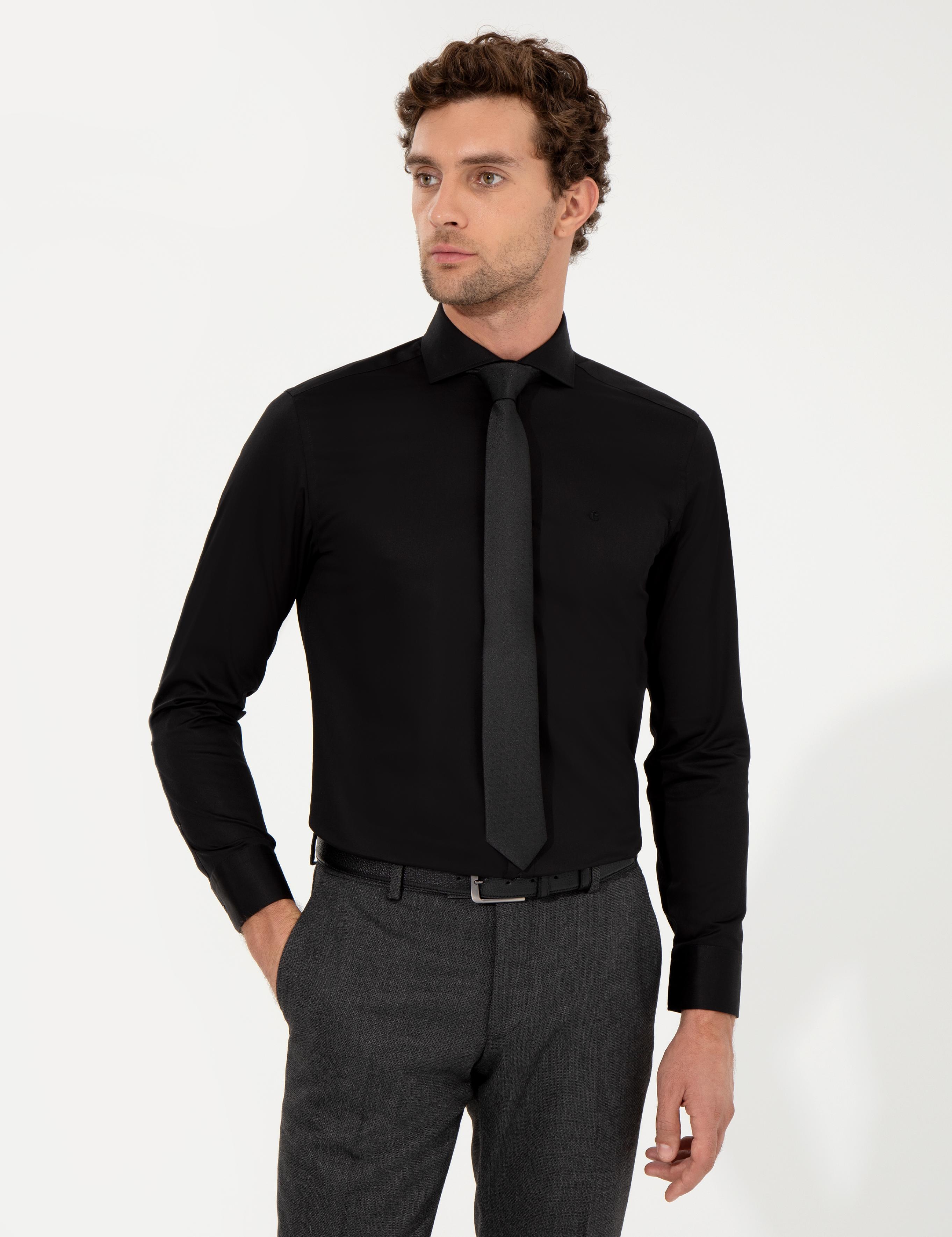 Siyah Slim Fit Uzun Kollu Basic Gömlek - 50259831139