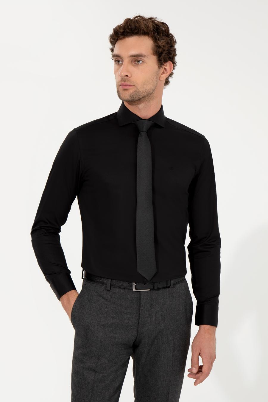 Siyah Slim Fit Uzun Kollu Basic Gömlek - 50259831139