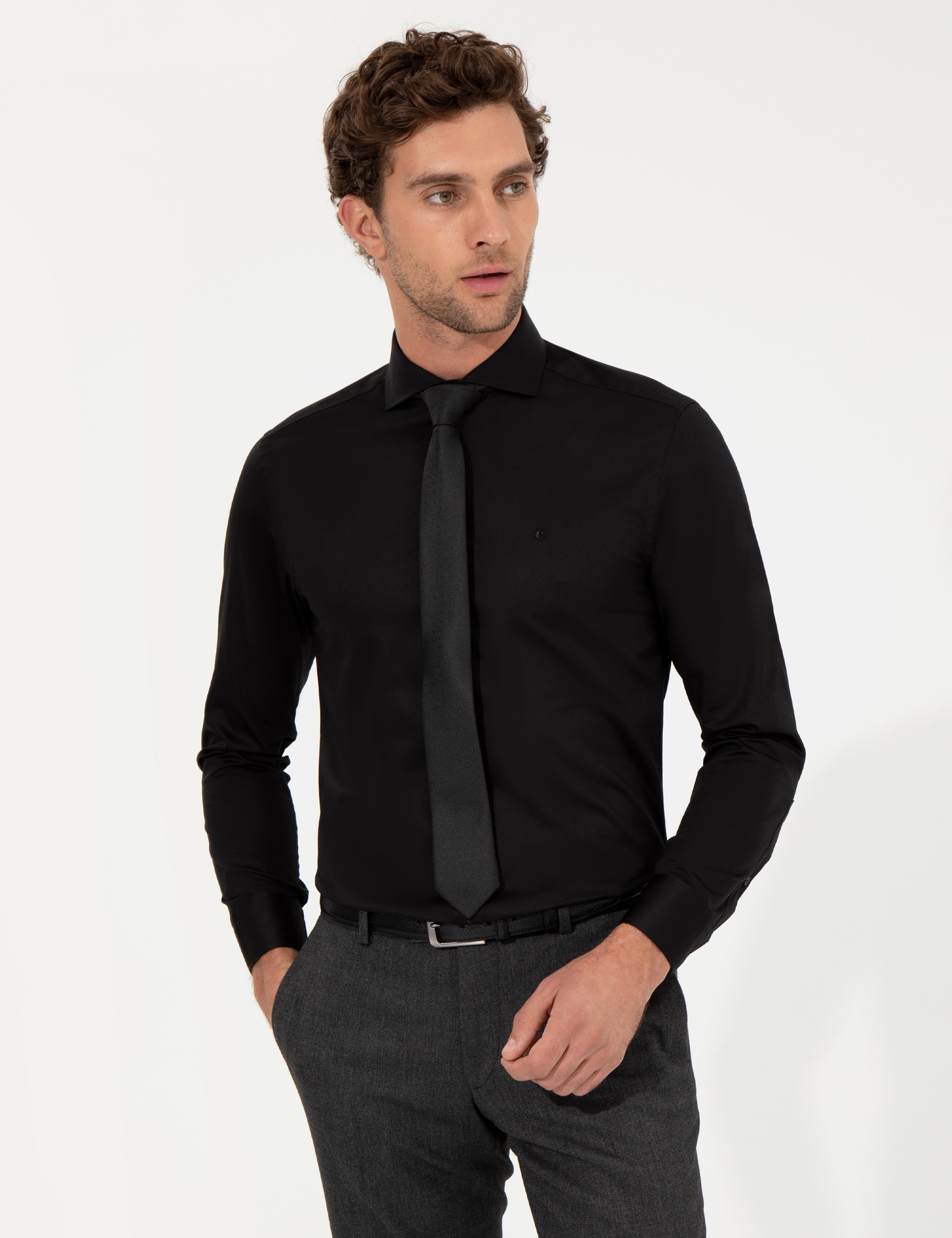 Siyah Slim Fit Uzun Kollu Basic Gömlek - 50259831139