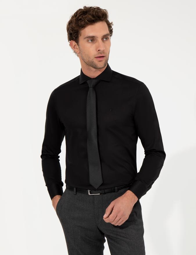 Siyah Slim Fit Uzun Kollu Basic Gömlek